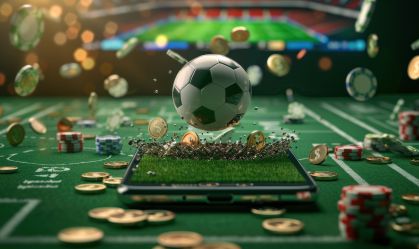 Soccer ball on phone screen with gold coins and scattered money. Concept of gambling or sports lotto, Online casino.