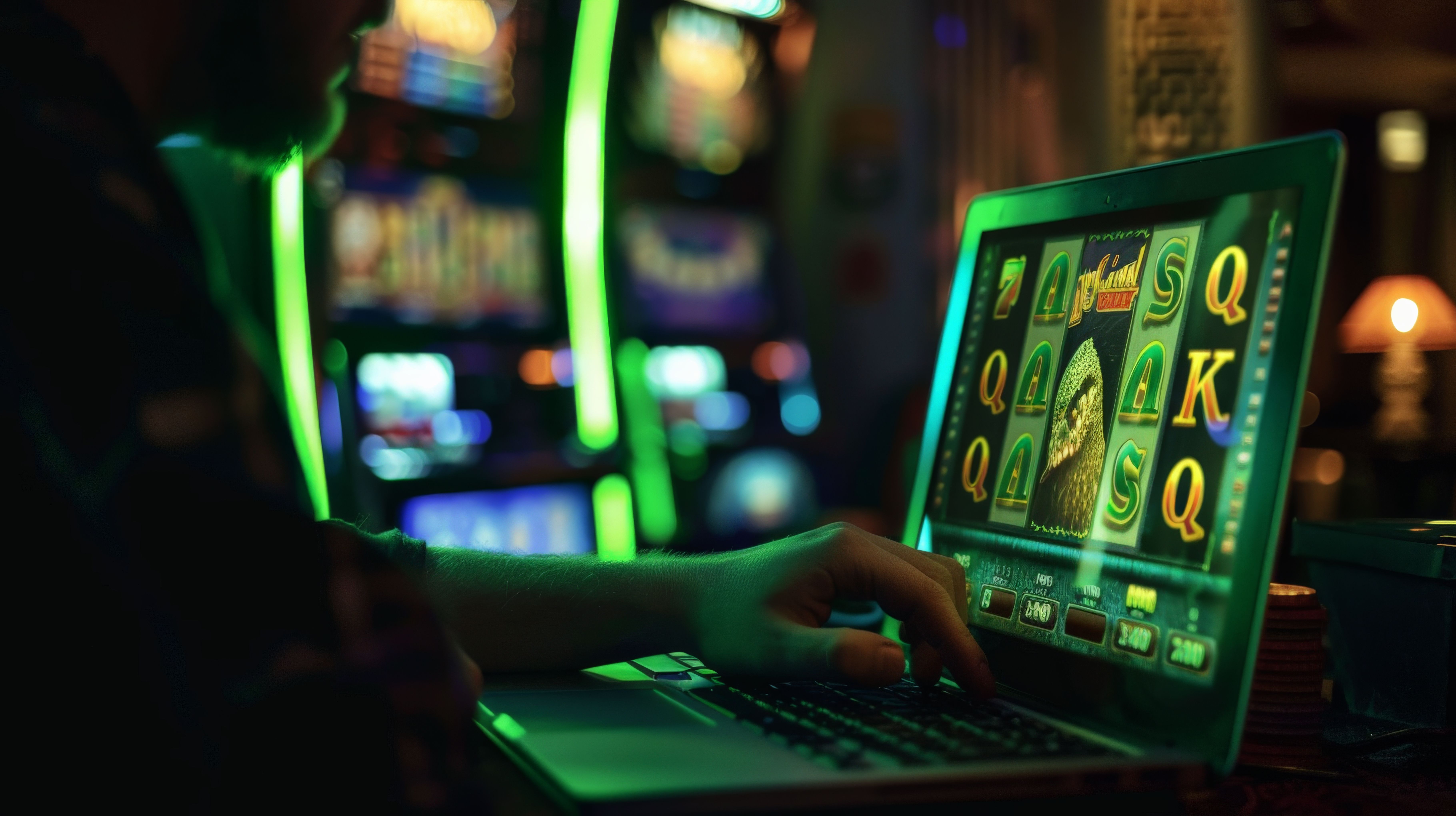 A person plays online slots on a laptop in a casino setting