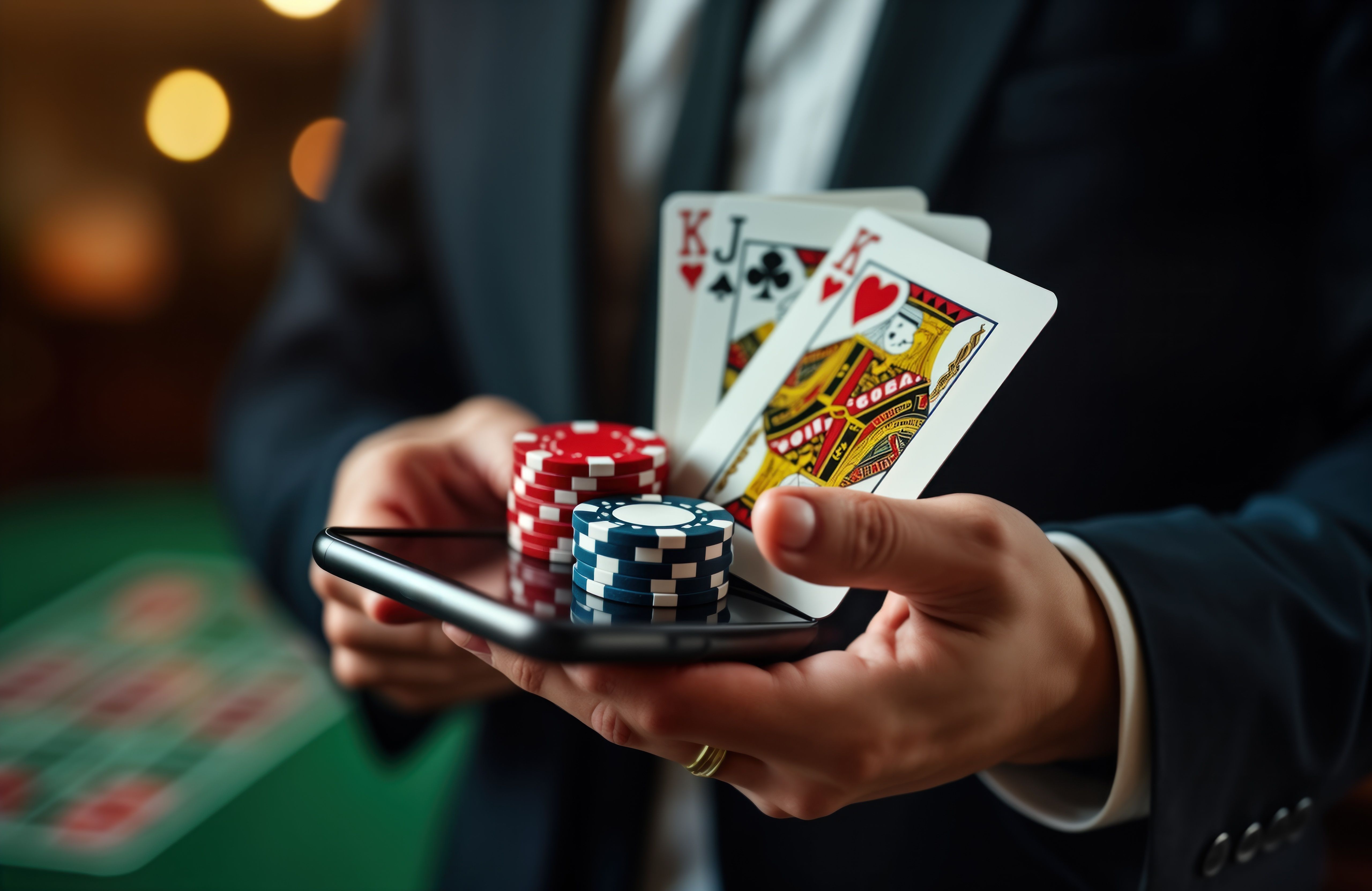 Man plays online poker game. Casino player uses smartphone. He holds cards chips. Gambling online. Mobile casino app. Digital poker. Risk entertainment. Adult games.