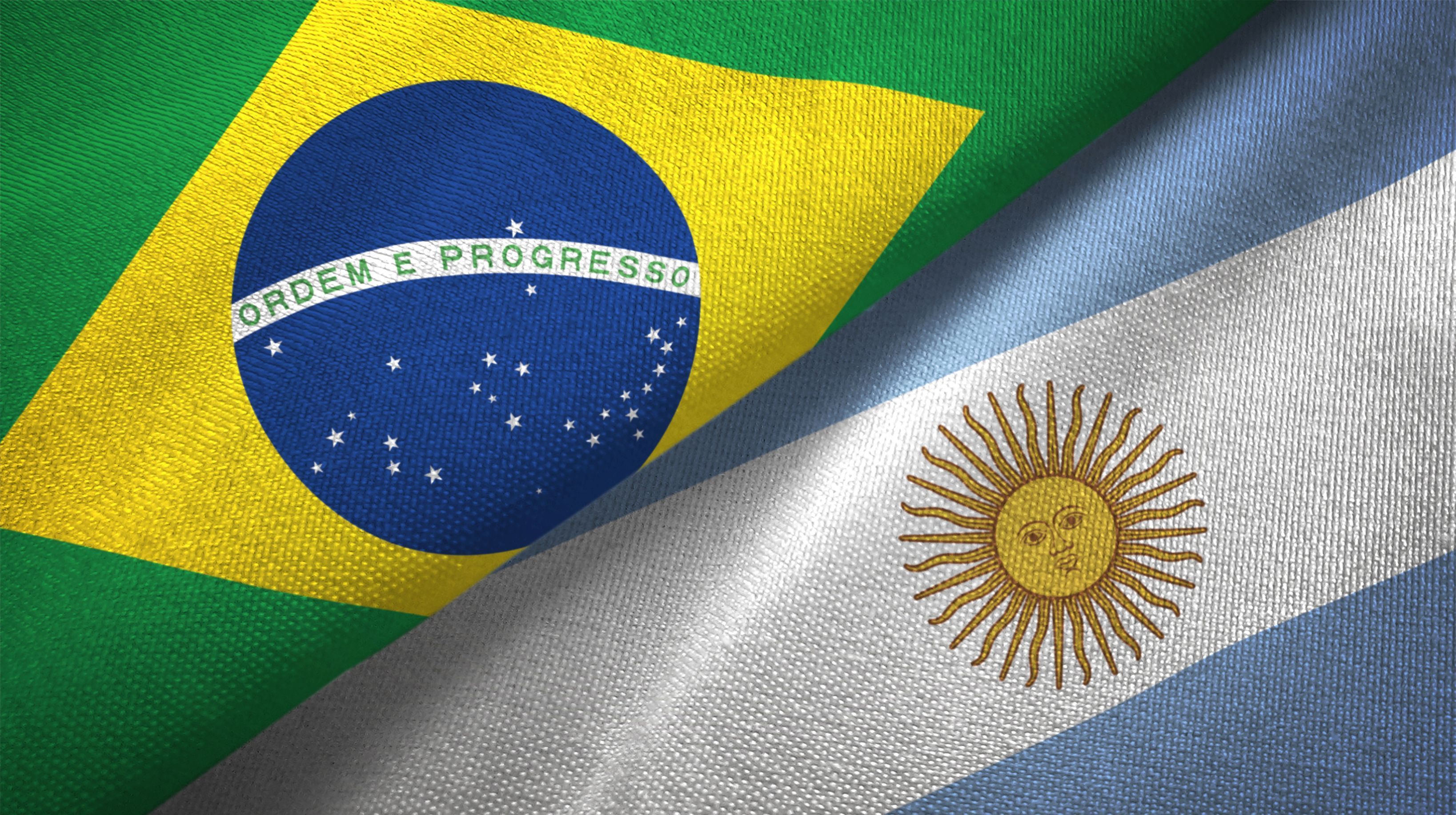 Argentina and Brazil two flags textile cloth fabric texture