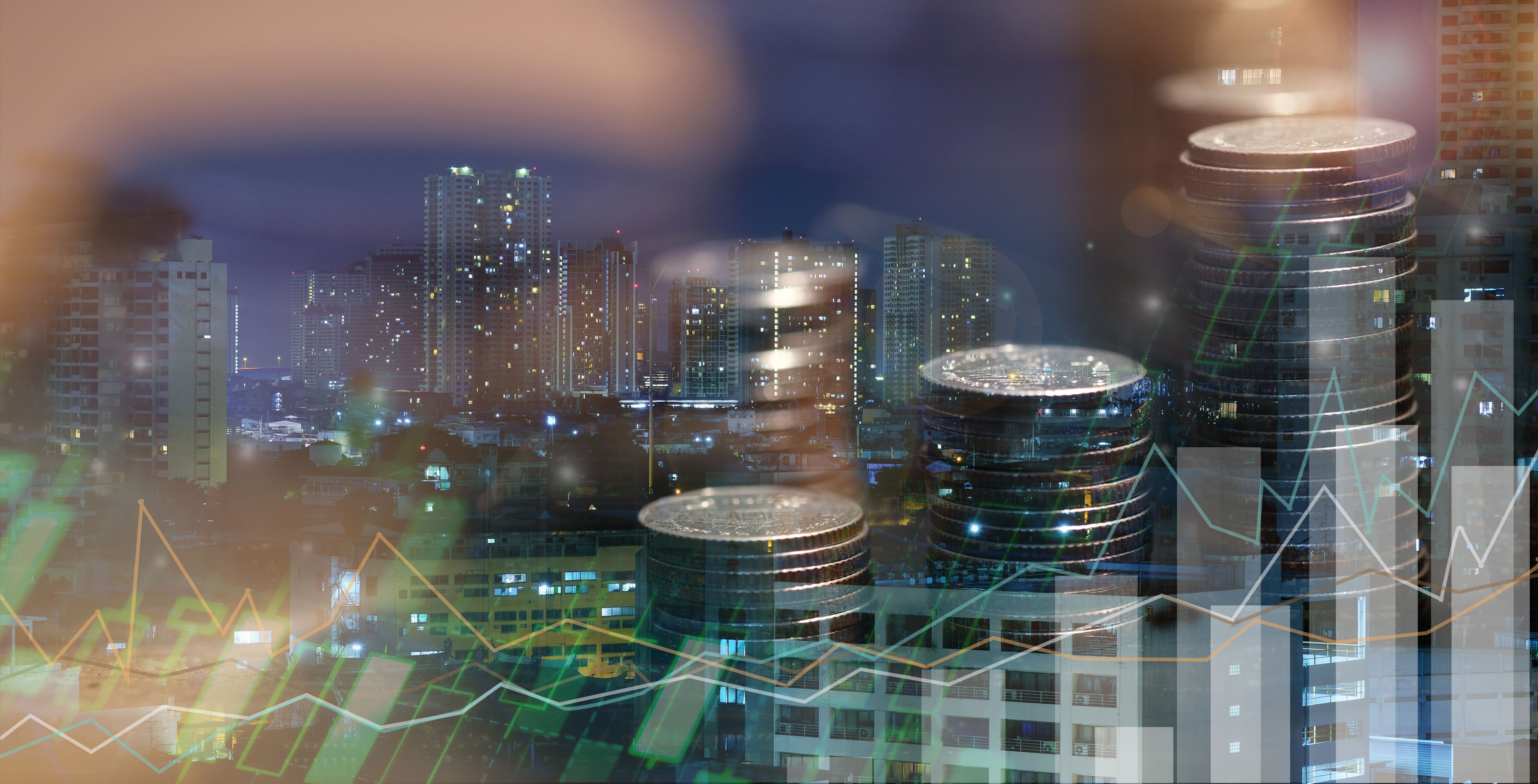 Financial investment concept, Double exposure of city night and