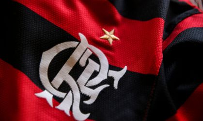 Valinhos, São Paulo, Brazil - July 24, 2022: Close-up of Flamengo Jersey Shirt. Selective Focus on the Team Emblem. Home Uniform, Black and Red.