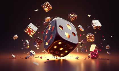 Realistic casino background. Flying chips, gold coins and dice. AI