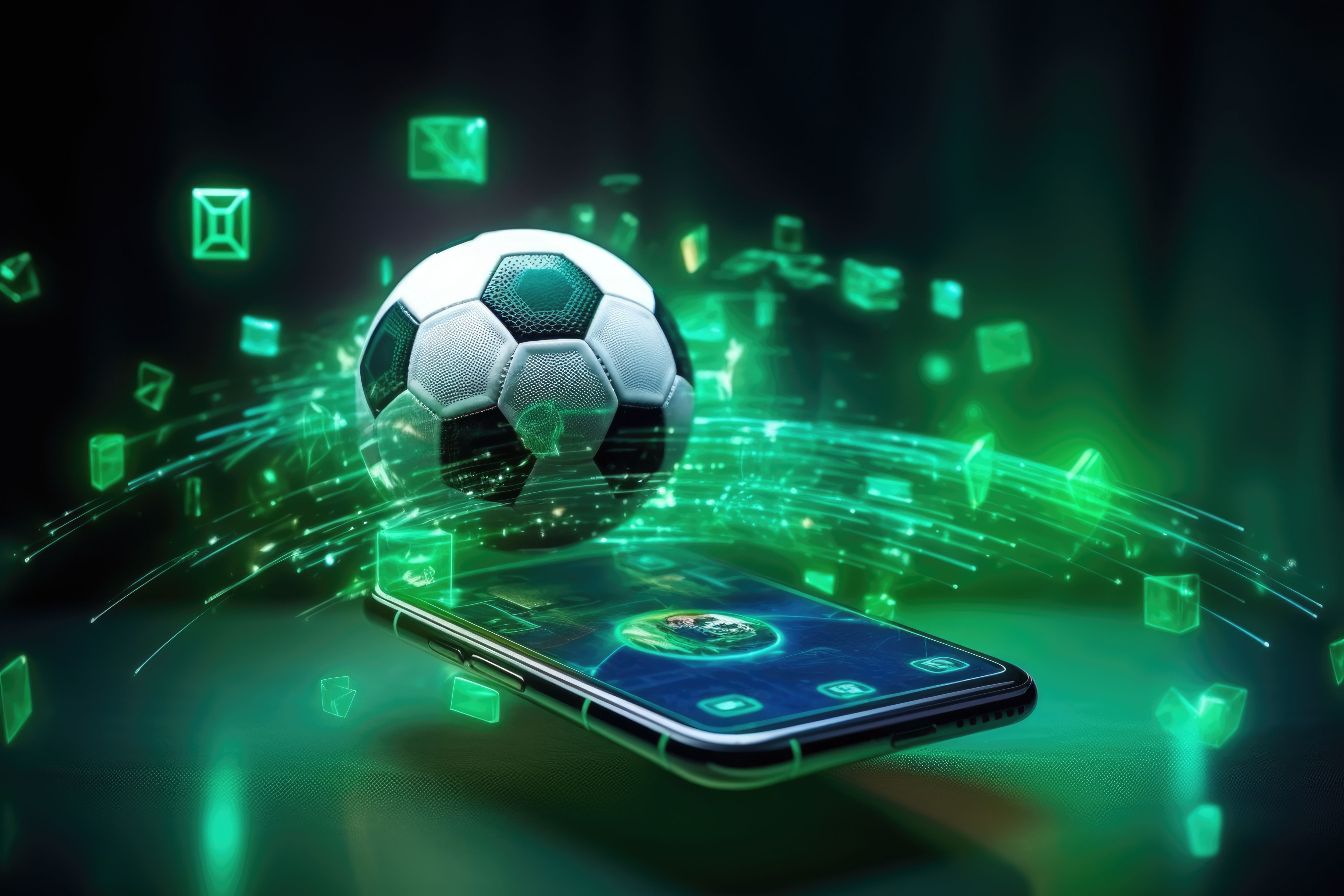 Online concept of virtual sports betting on soccer using smartphone, currency and ball
