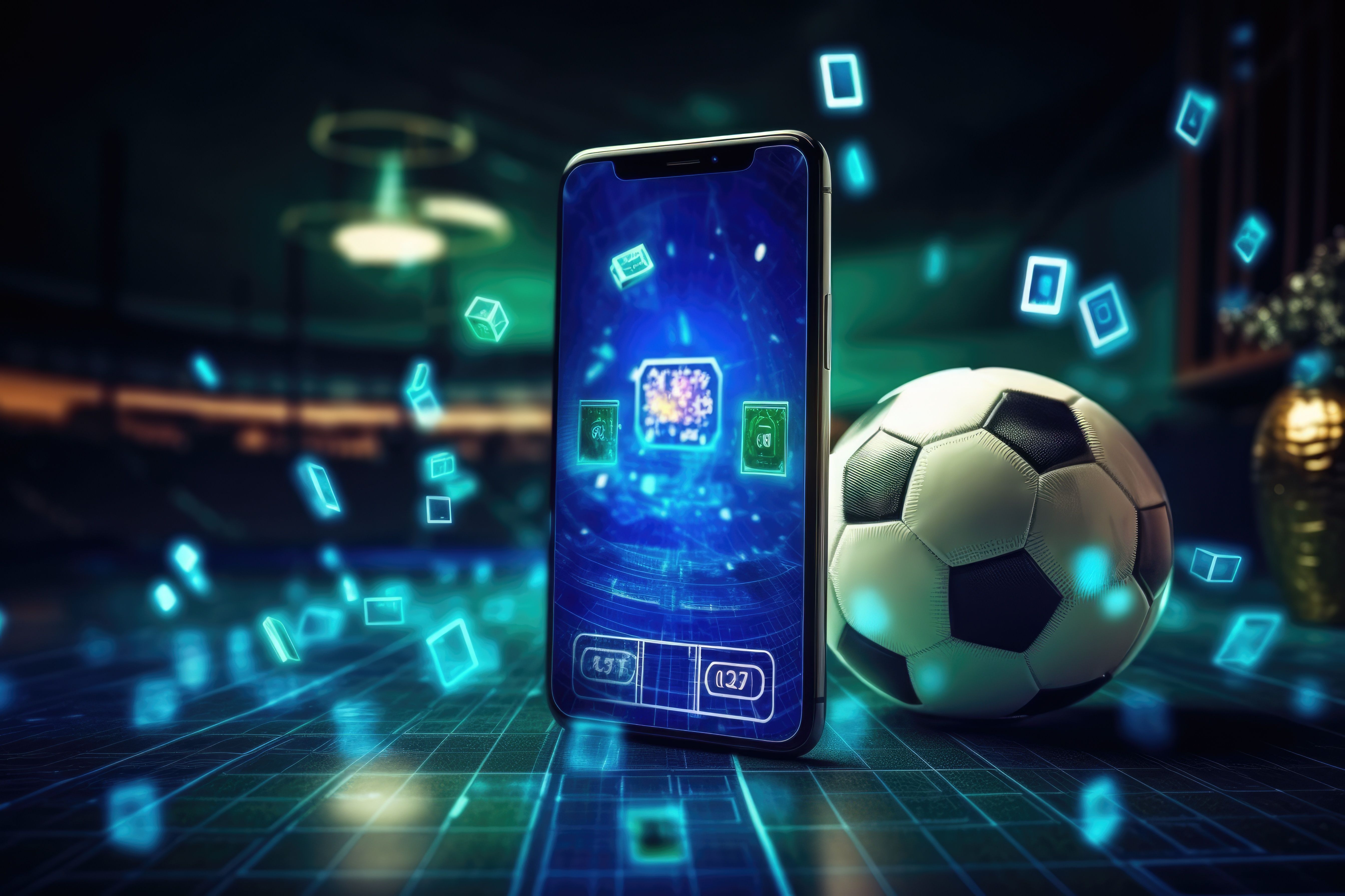 Online concept of virtual sports betting on soccer using smartphone, currency and ball
