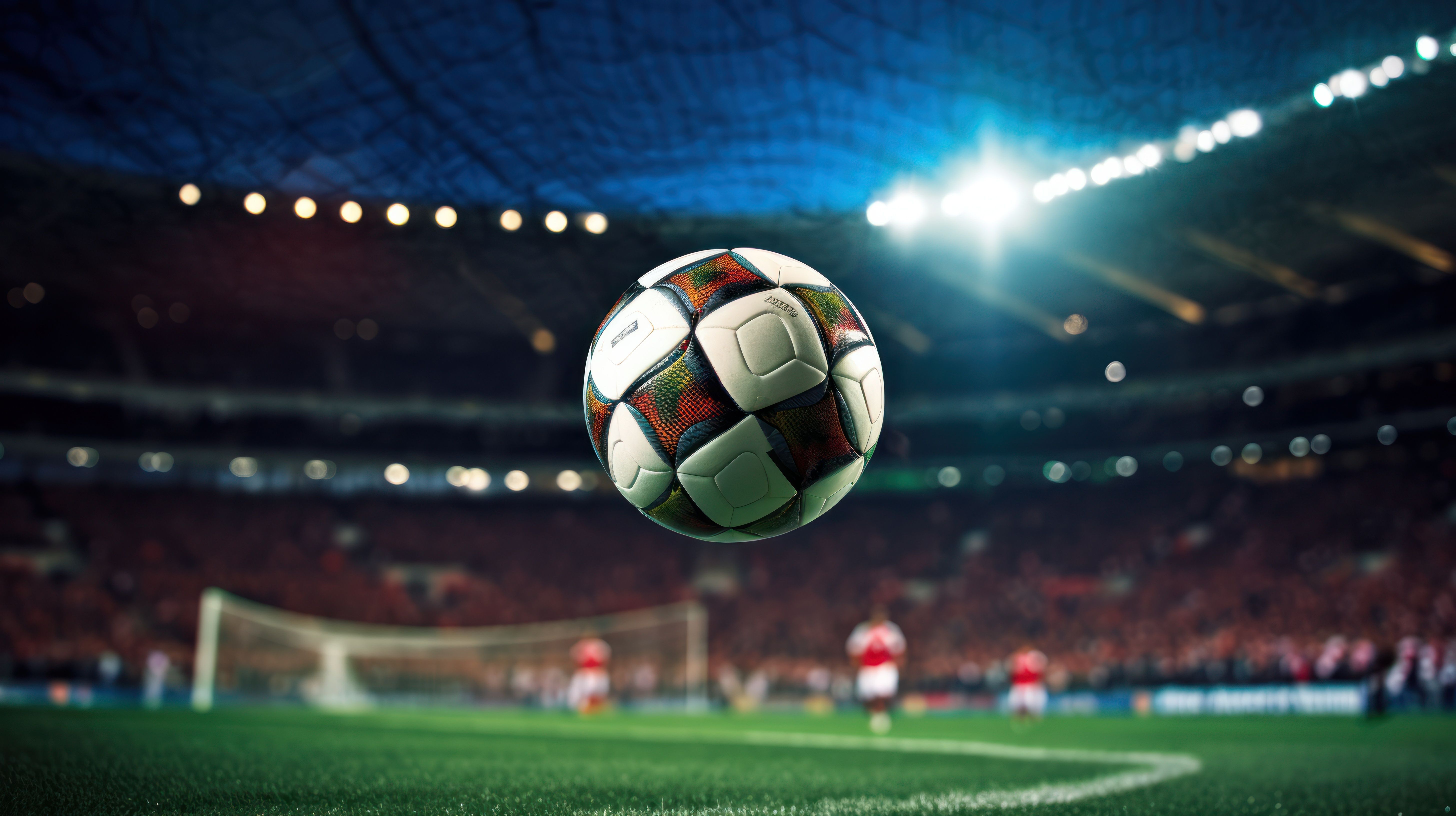 An action shot of a soccer ball lodged in the goal net