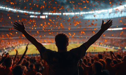 Football fans celebrating a victory in stadium, Generative AI