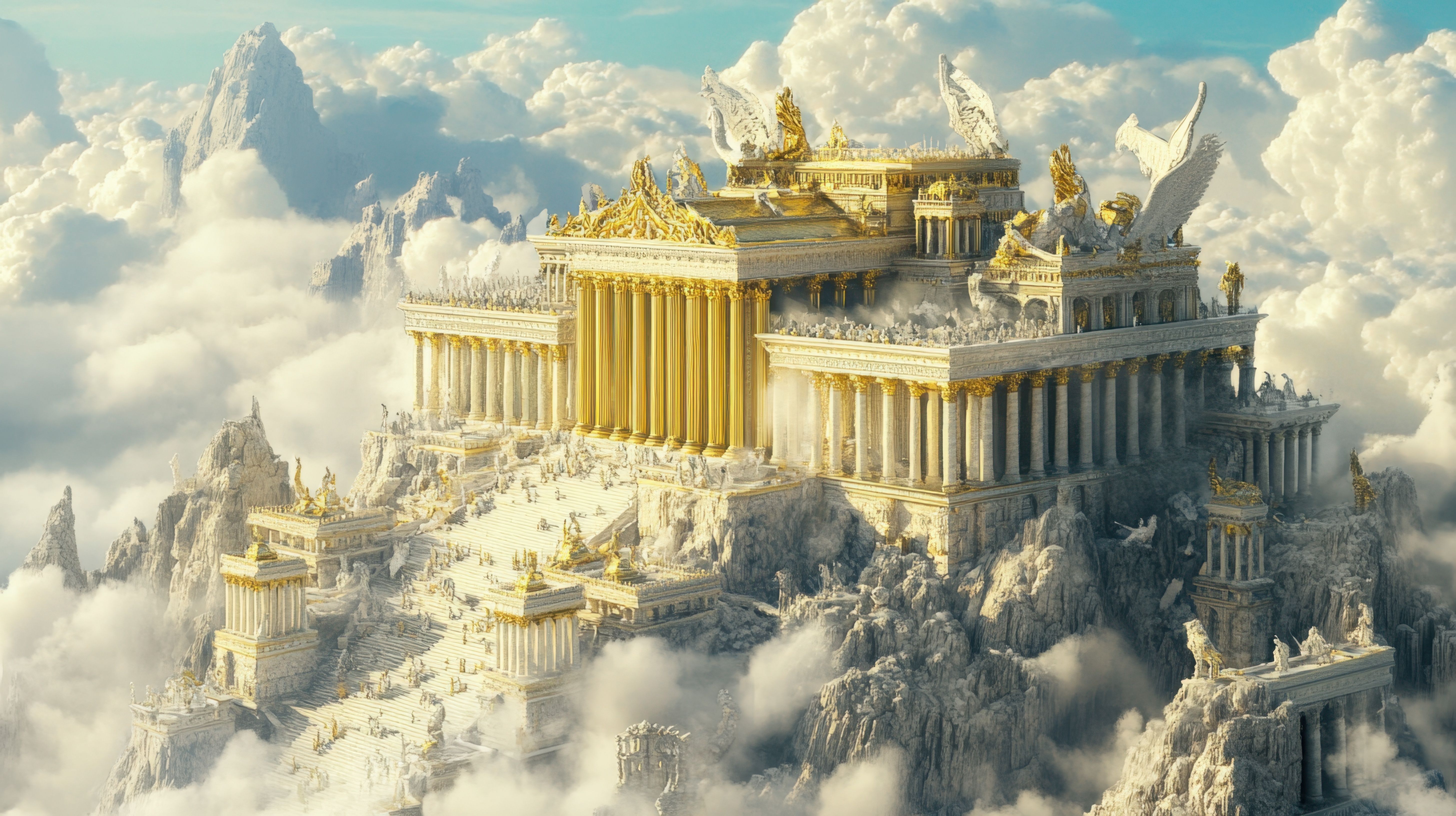A mythical palace with grand golden columns perched atop Mount Olympus, shrouded in ethereal clouds and filled with magical creatures.
