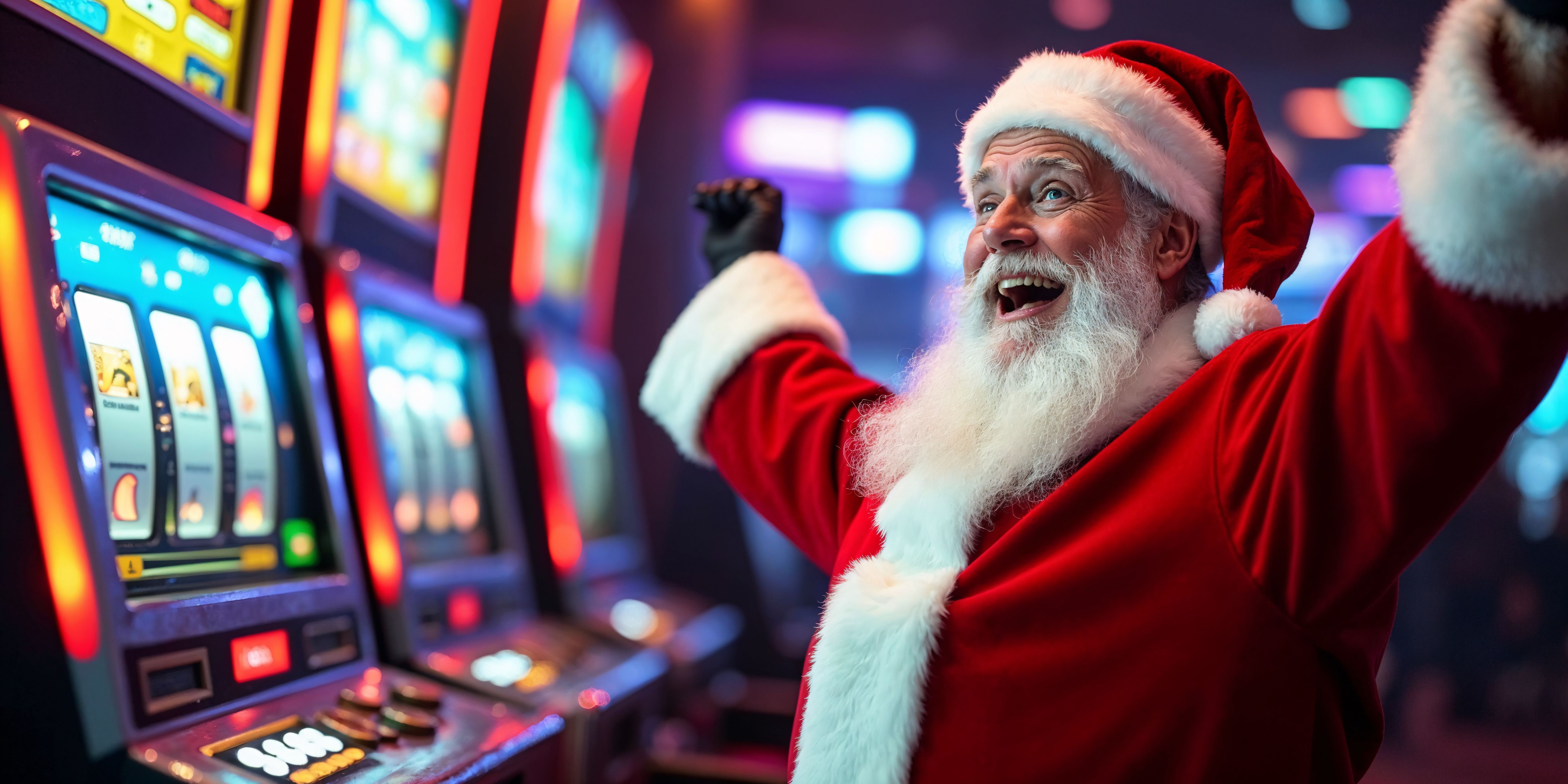 Excitement fills the air as Santa Claus celebrates a big win at the slots during a festive holiday gathering in a vibrant casino setting