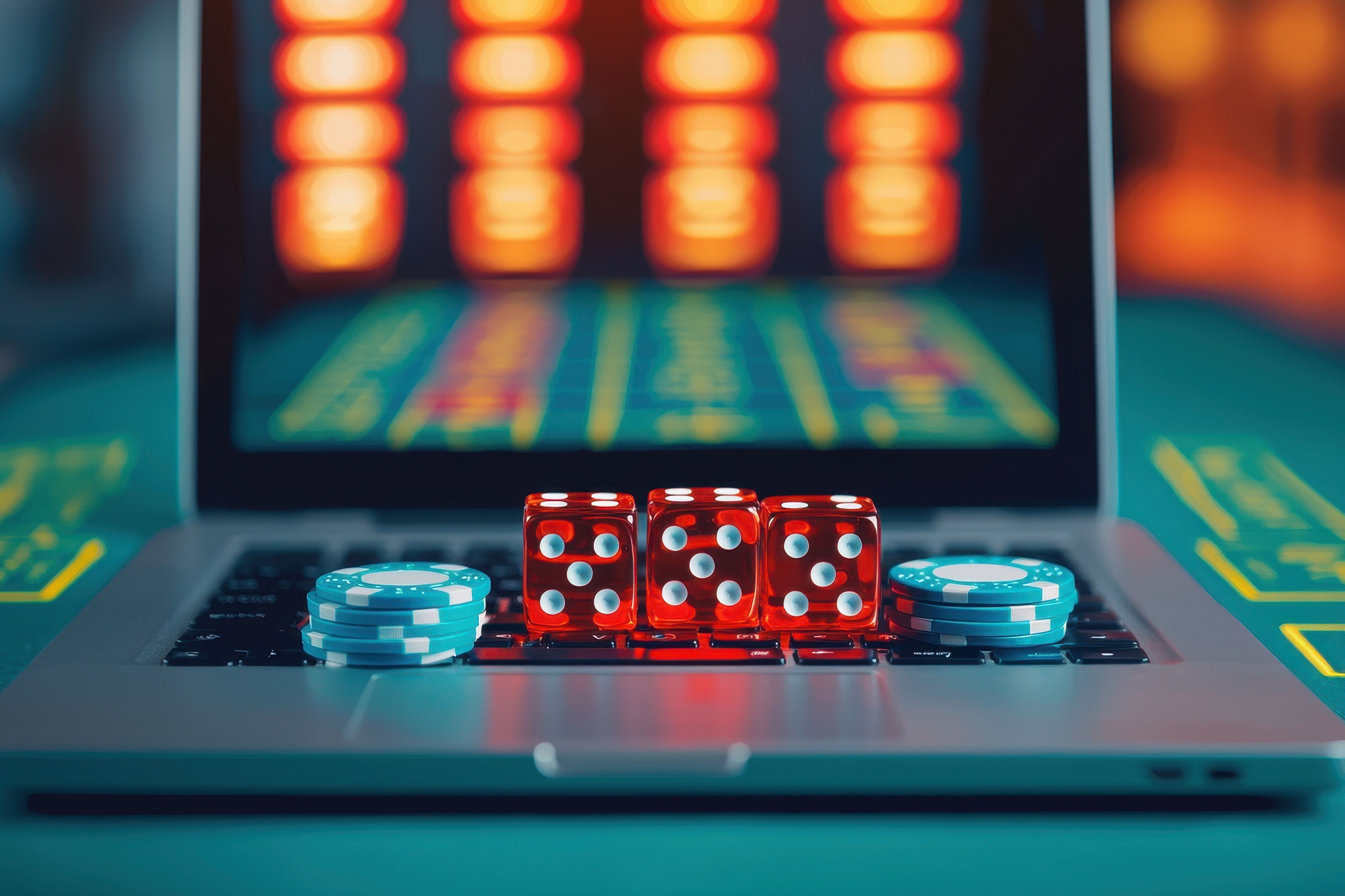 Red Dice and Casino Chips on Laptop Keyboard Against Colorful Background in Gambling Scene