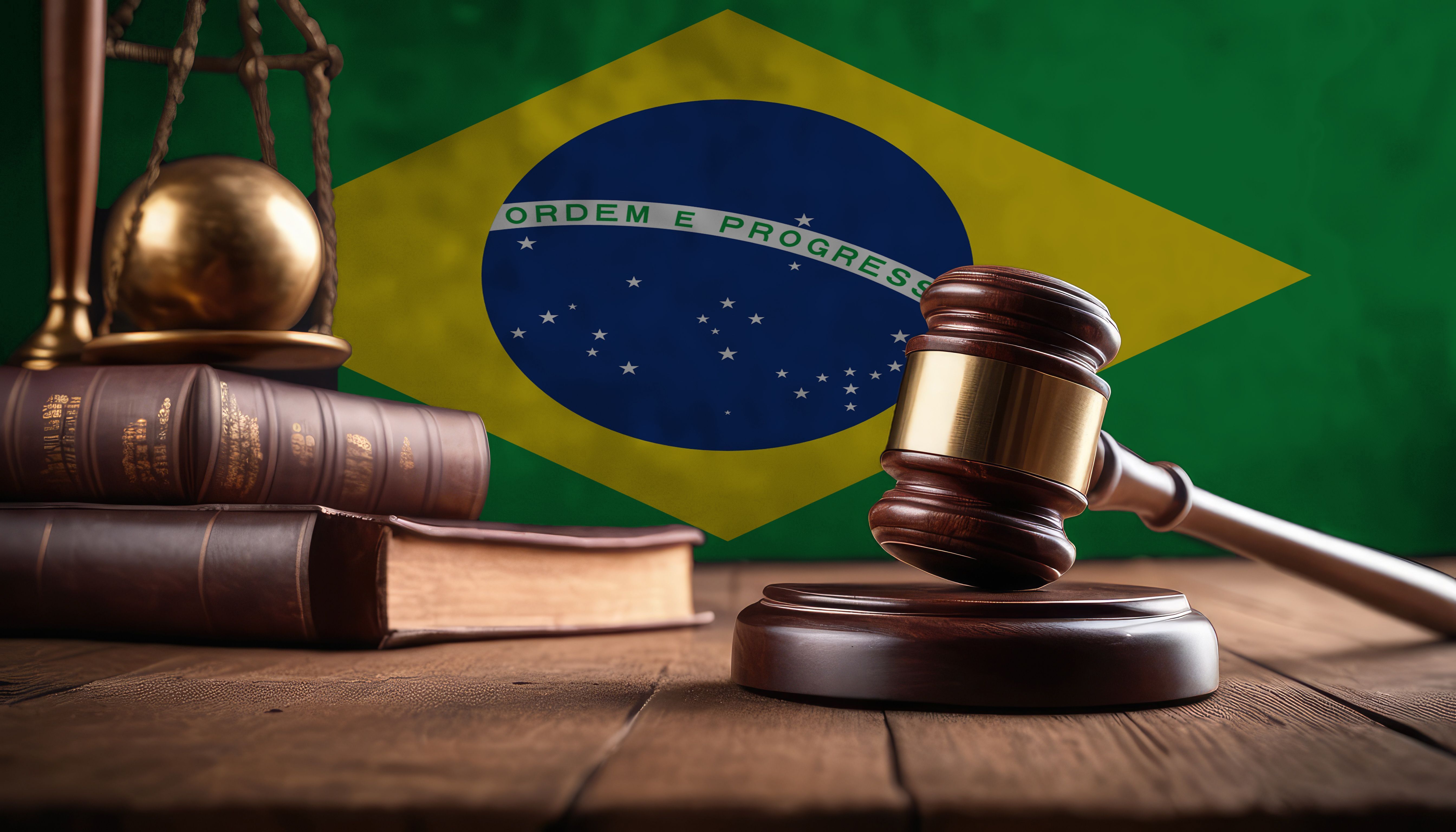 Justice gavel on Brazil flag. Law and justice in Brazil. Rights of citizens.