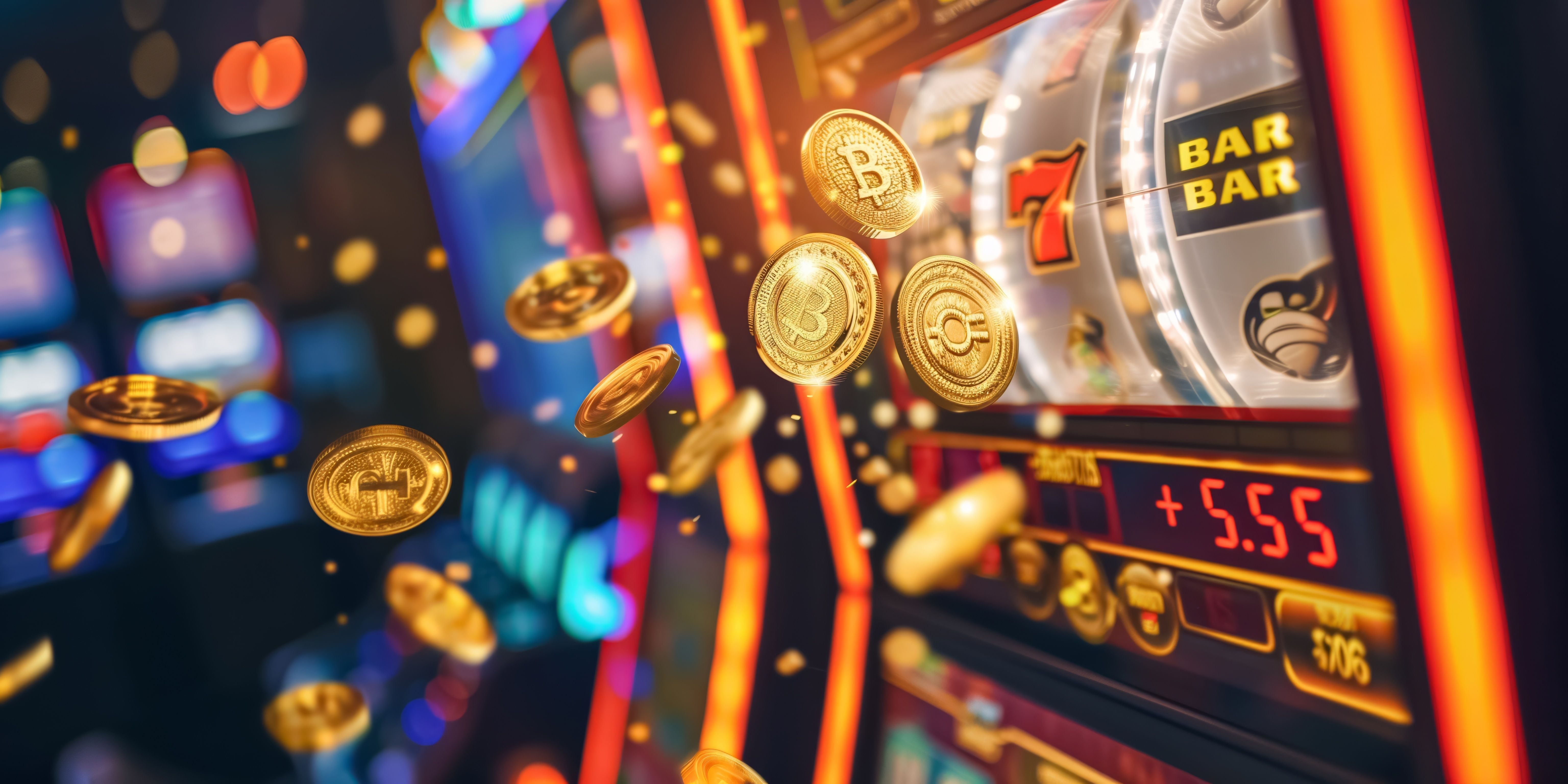 Bitcoin tokens falling over a casino slot machine with winnings displayed