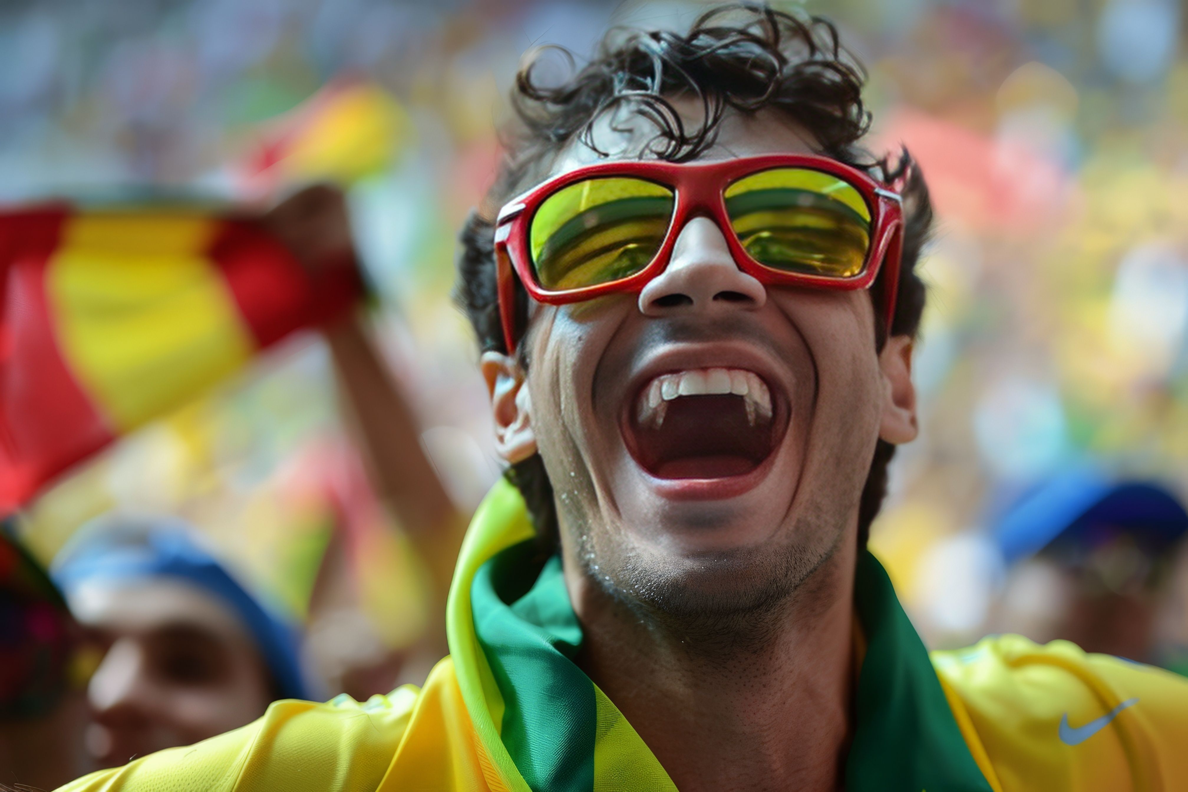 A male soccer fan clad in Brazil's colors is cheering vocally in a crowded stadium