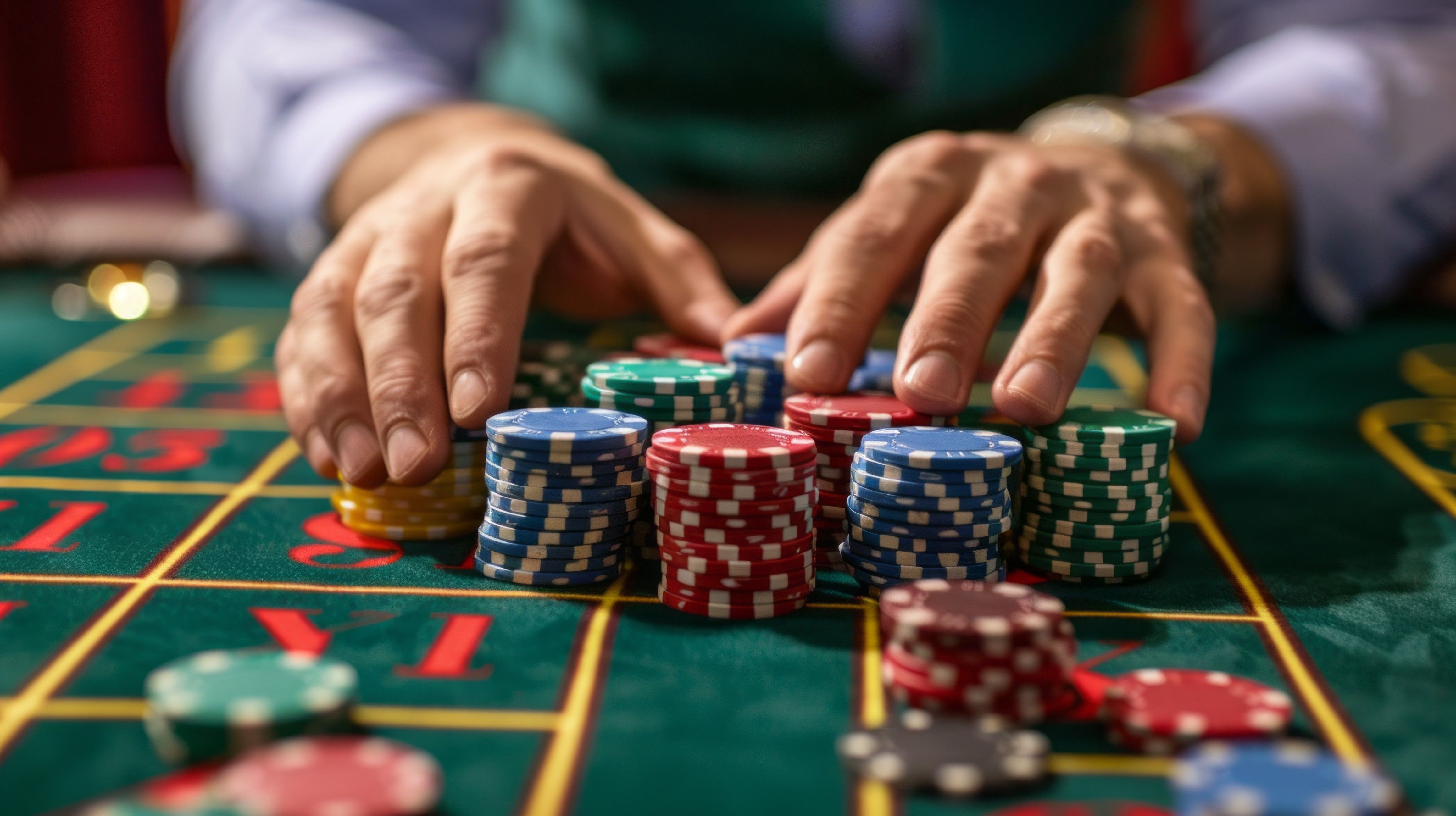 A close-up view of a player's hands placing chips on a green felt casino table, with the focus on the chips and the player's hands