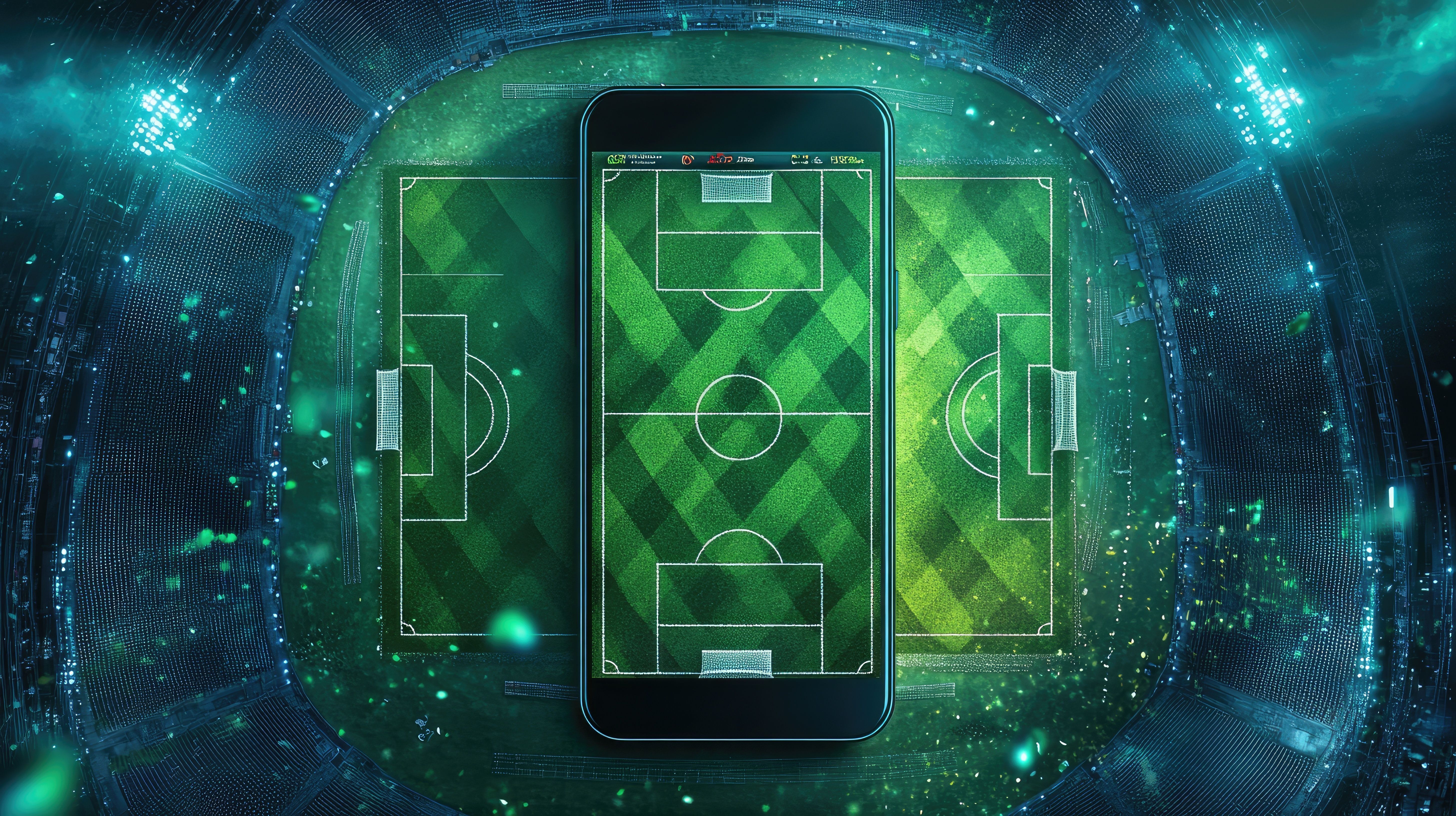 Exciting Online Sports Betting Banner with Smartphone Displaying Soccer Field and Match Stats