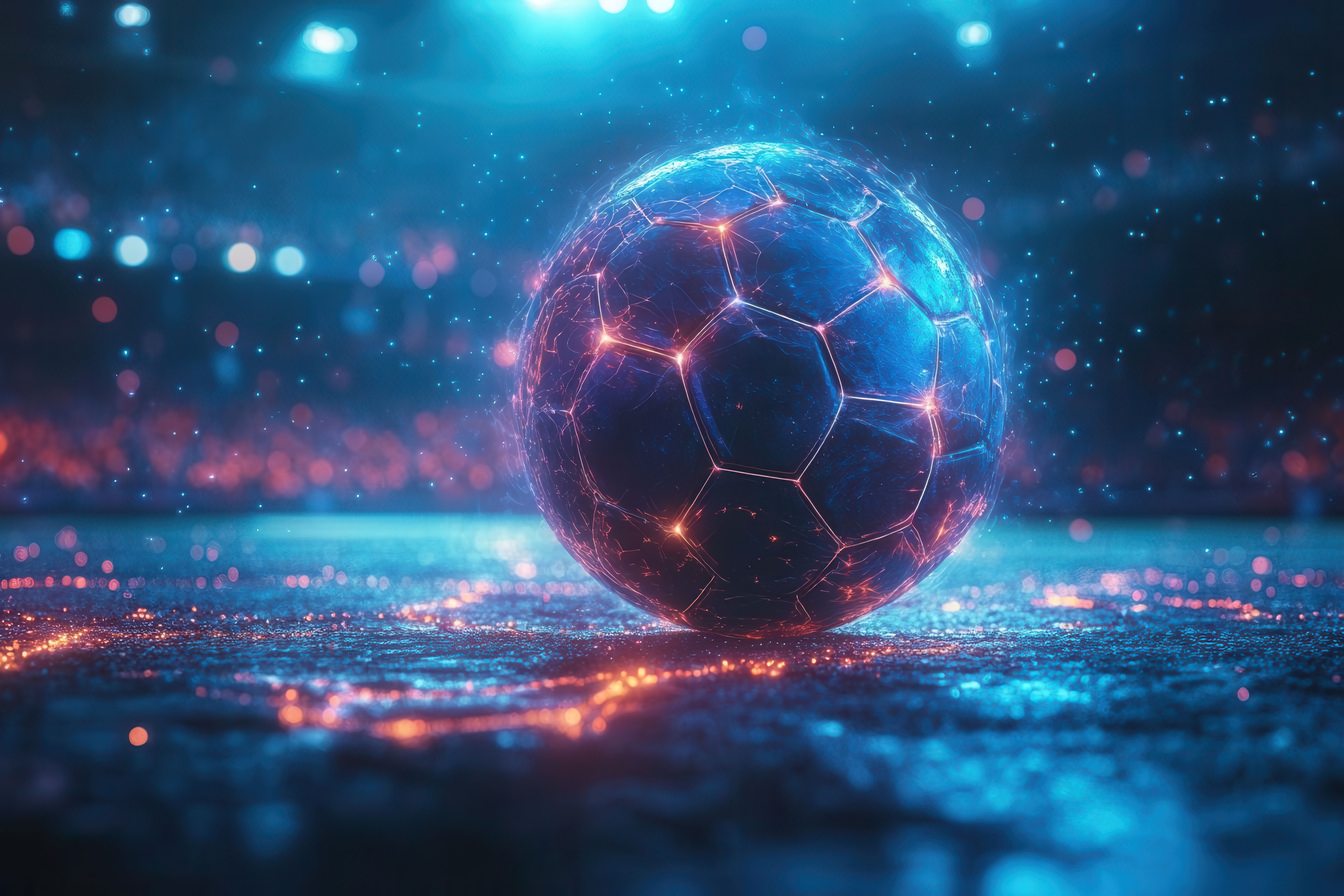 holographic soccer ball hovering above neonlit stadium pulsating energy lines radiating outward crowd silhouettes in background