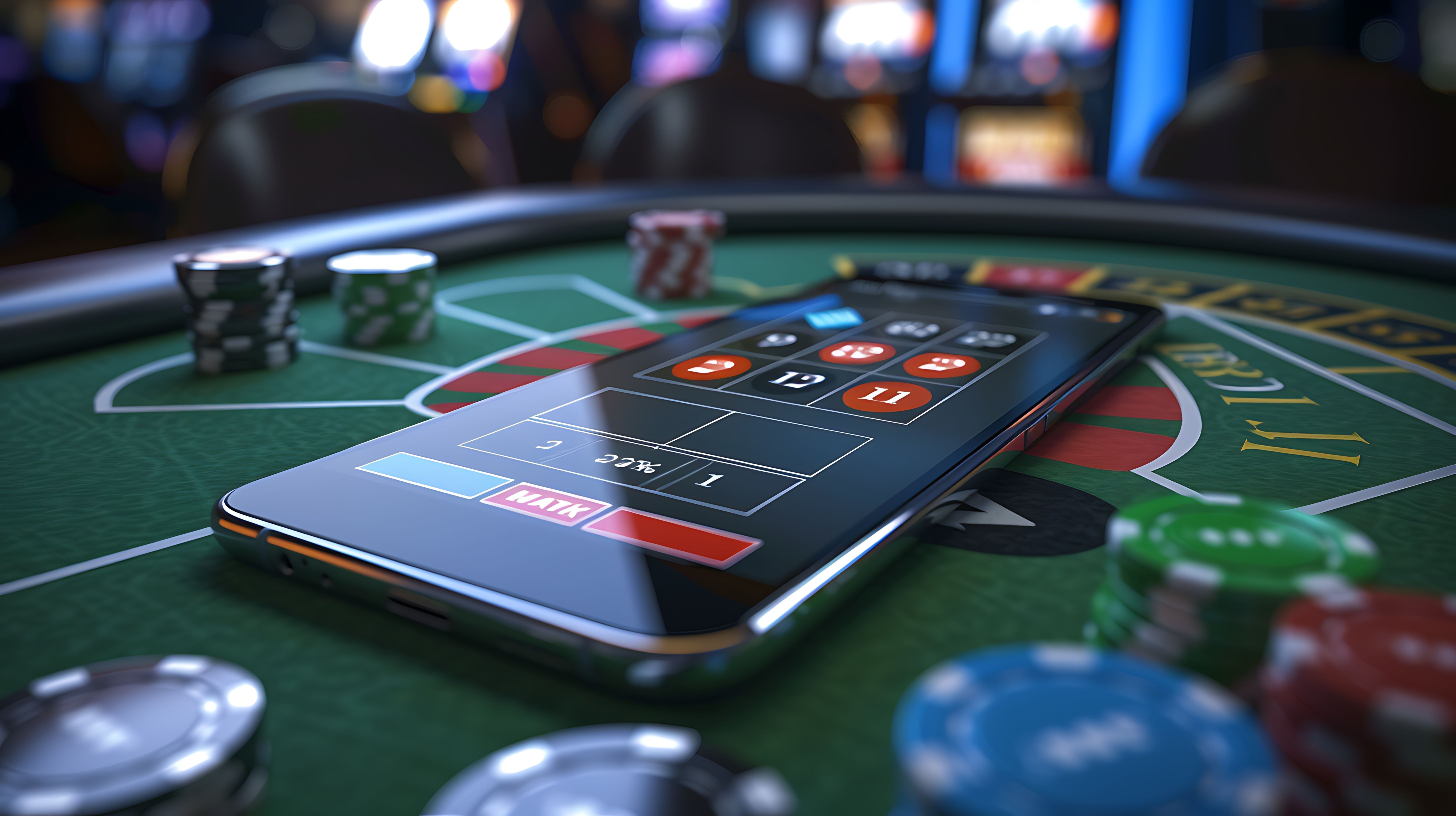 A smartphone on a casino table surrounded by poker chips, suggesting online gambling or gaming activity.