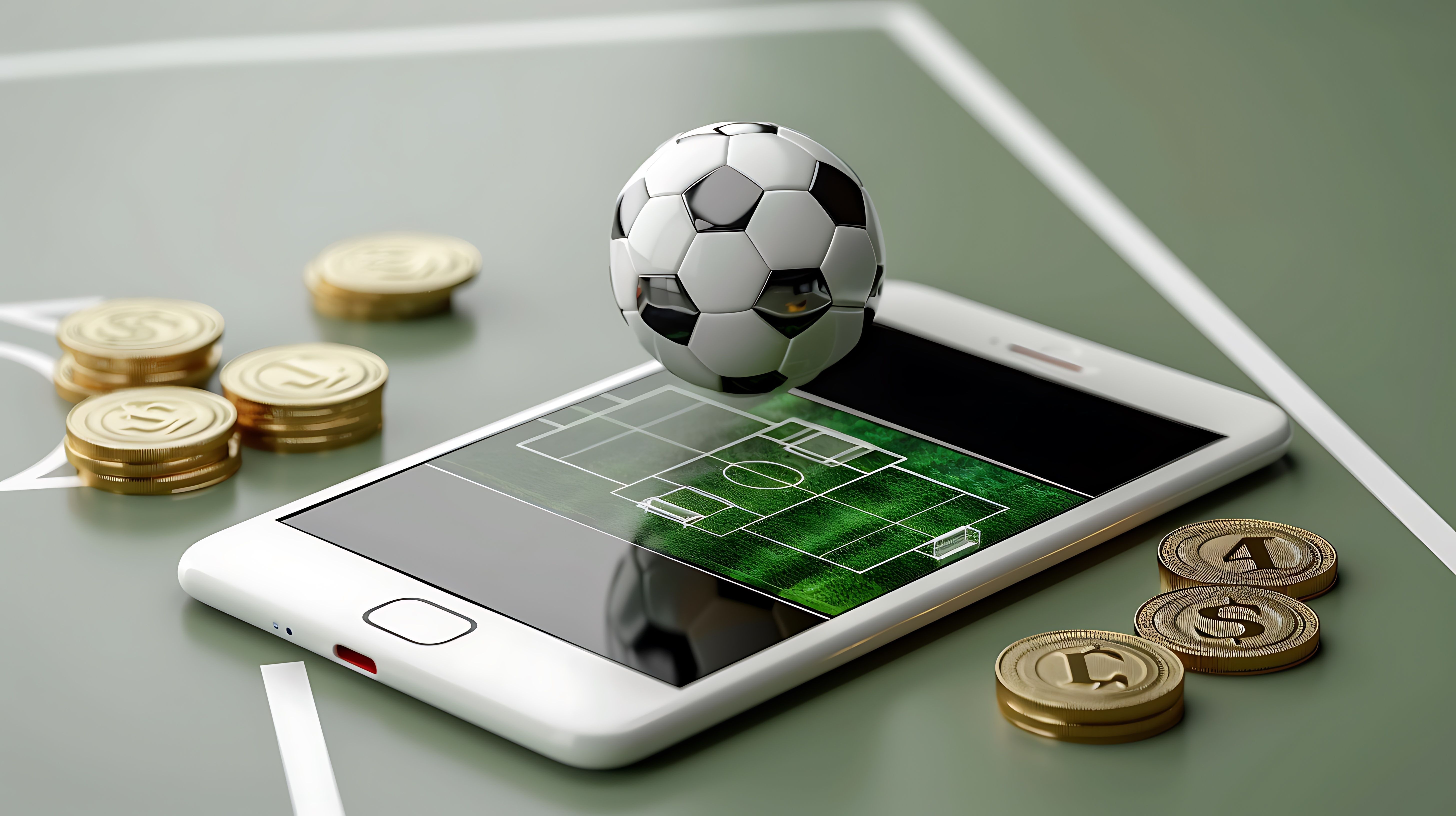 A smartphone displaying a soccer field with a floating ball and coins, symbolizing sports betting or gaming.
