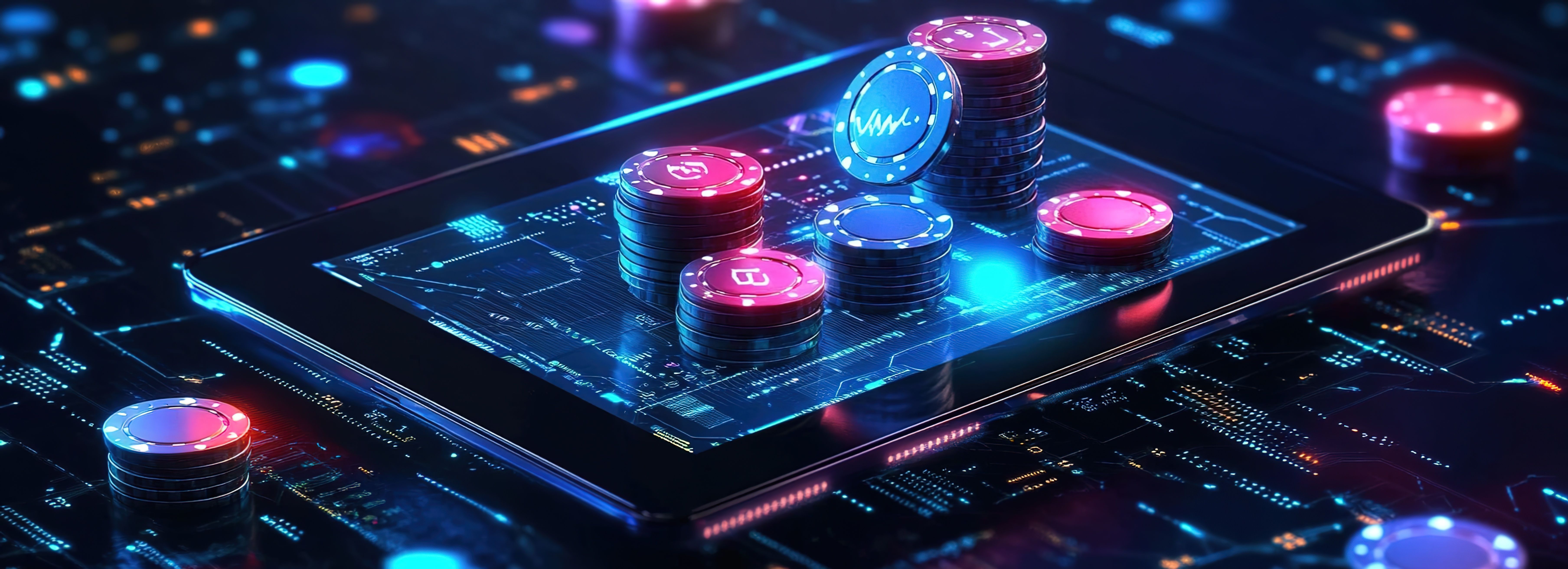 A tablet displaying digital casino chips and data visualizations, representing the impact of AI on online gambling.