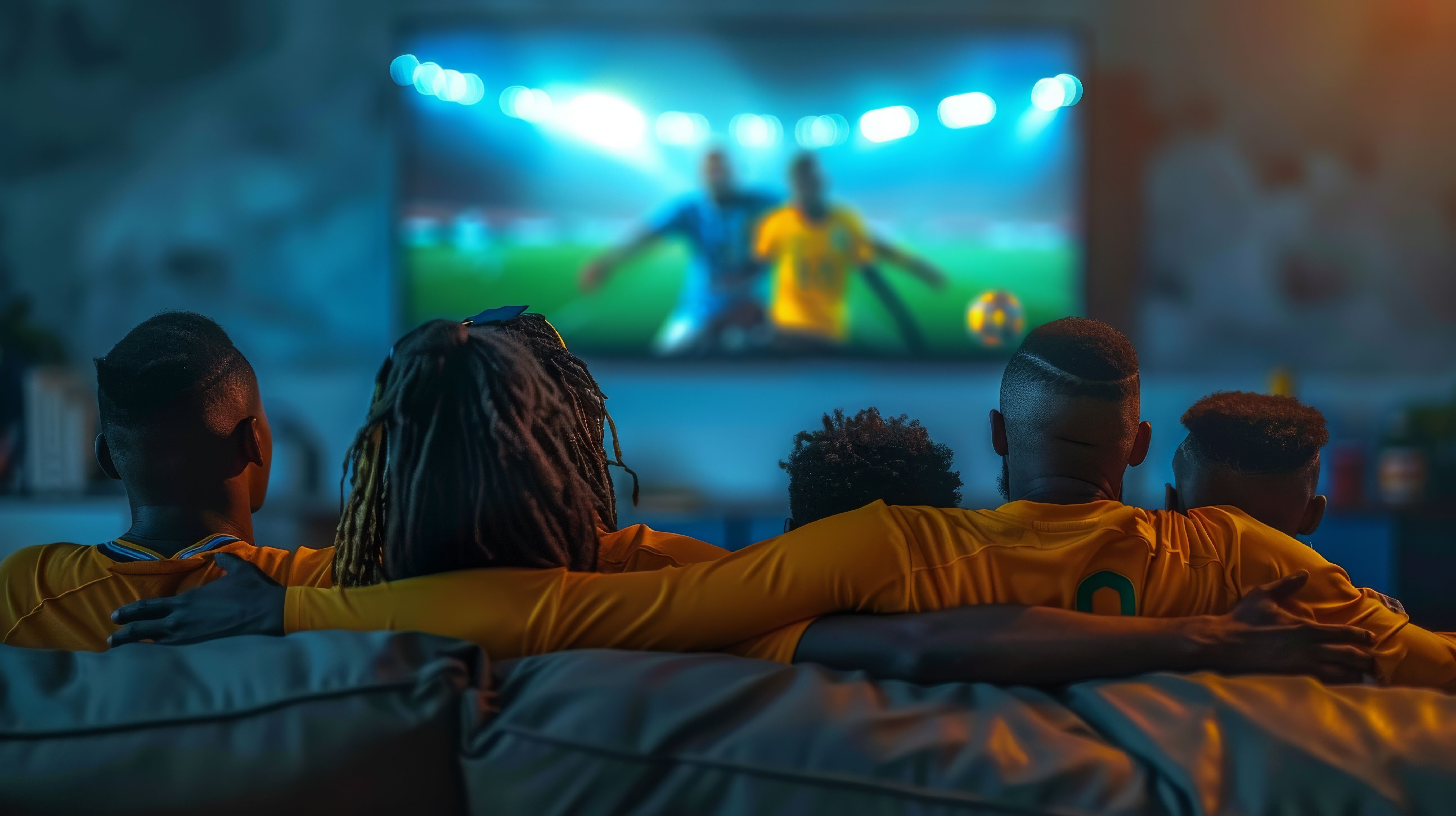 Football fans friends watching Brazil national team in live soccer match on TV at home. Copy space image. Place for adding text