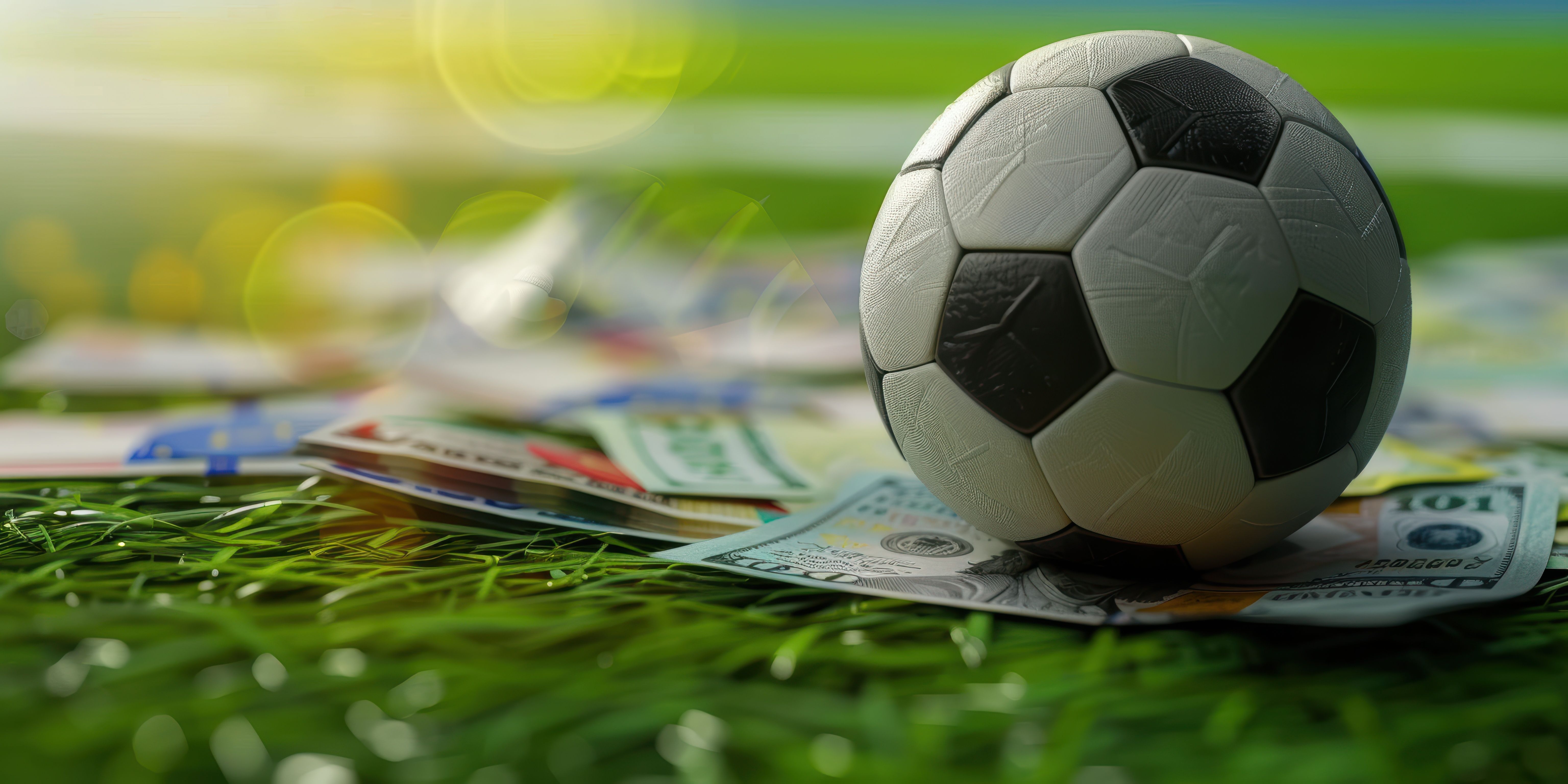 A soccer ball and 100 euro notes on a green backdrop representing a corner kick, bookmaker betting, sports wagering, and sports prediction