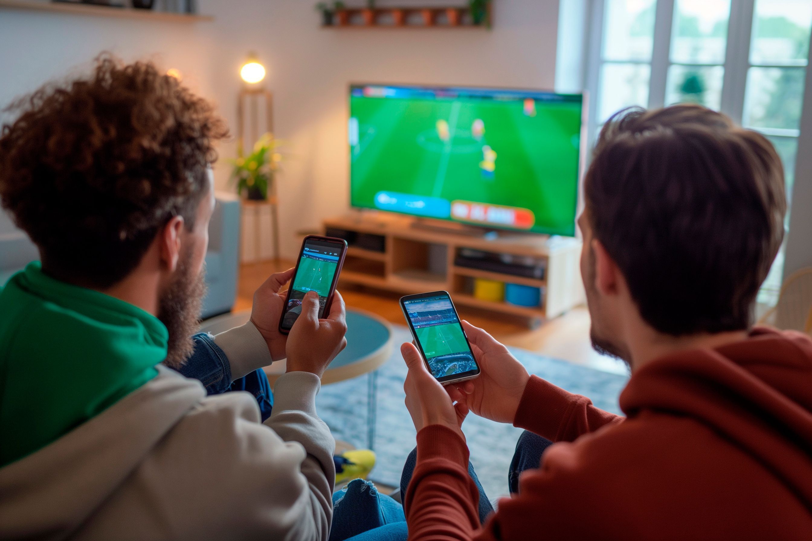 Two friends holding smartphone with sports bets app while watching football match at home in livingroom
