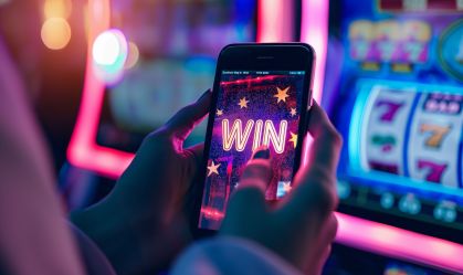 A woman's hand holds a phone playing in an online casino on the phone, the inscription on the screen "win", gambling