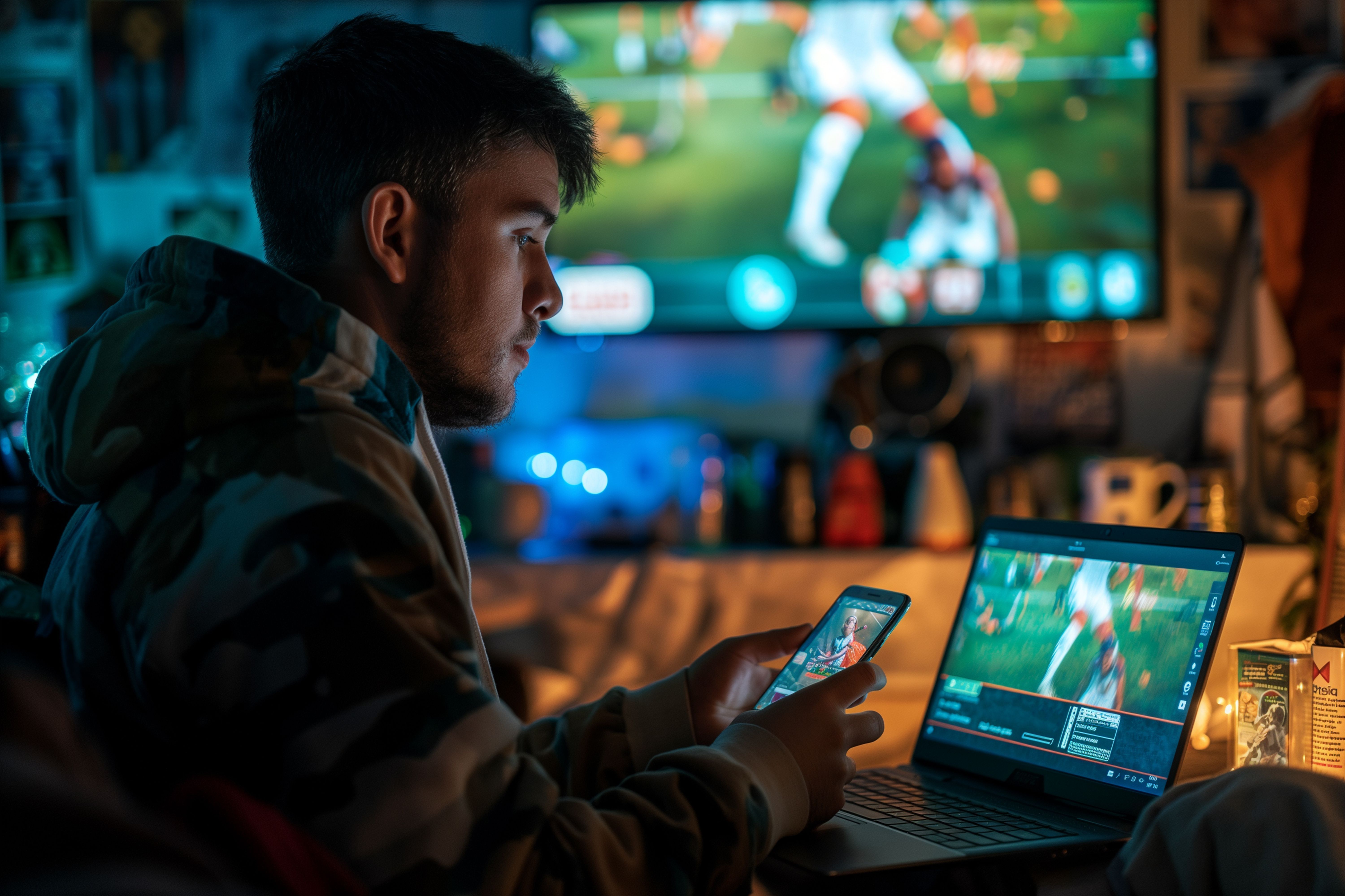 cenário com televisão ao fundo, com home a frente segurando o celular e fazendo uma aposta esportiva