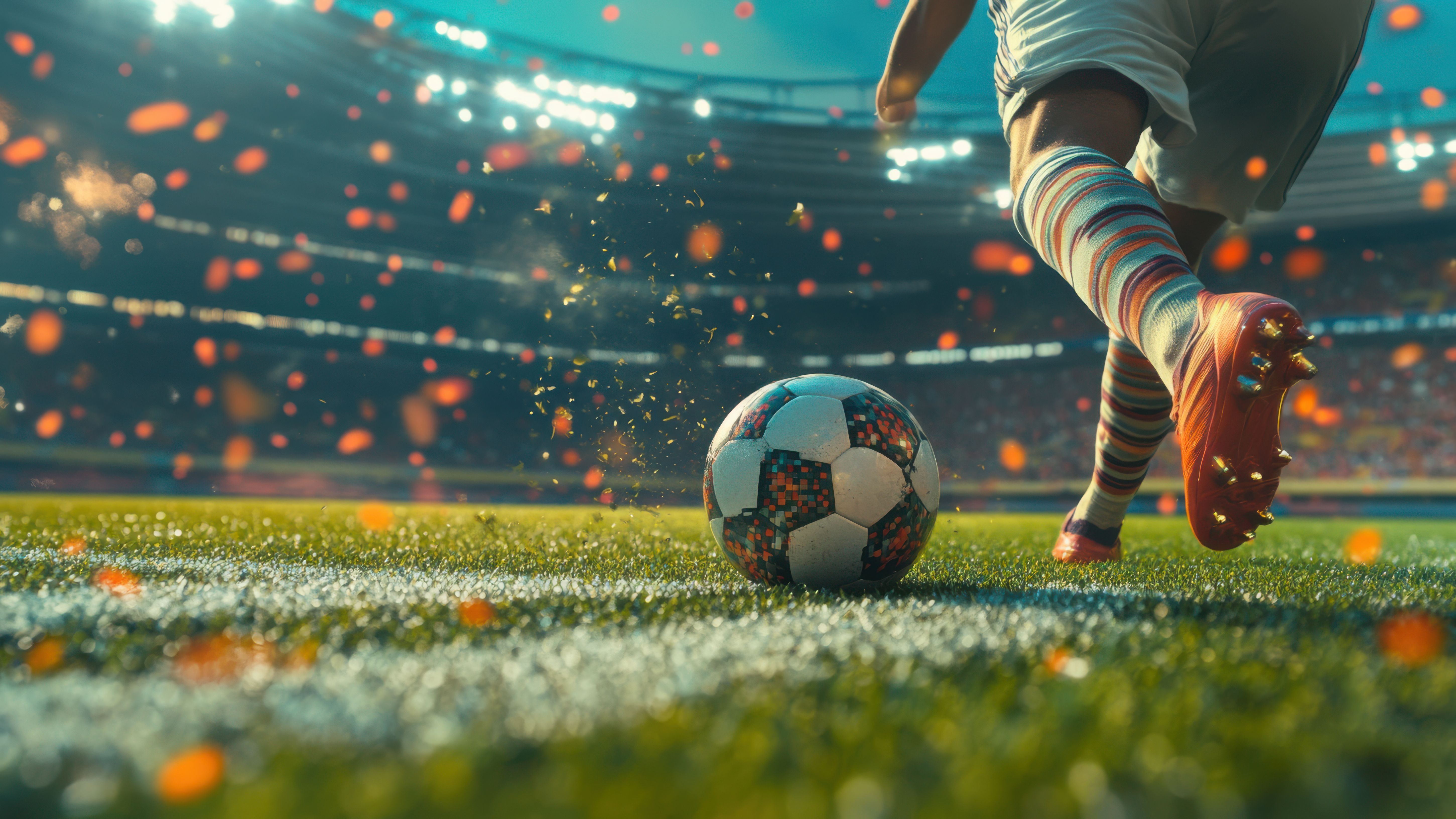 Footballer kicking soccer ball on pitch inside modern football stadium ground, sport design background