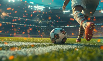 Footballer kicking soccer ball on pitch inside modern football stadium ground, sport design background