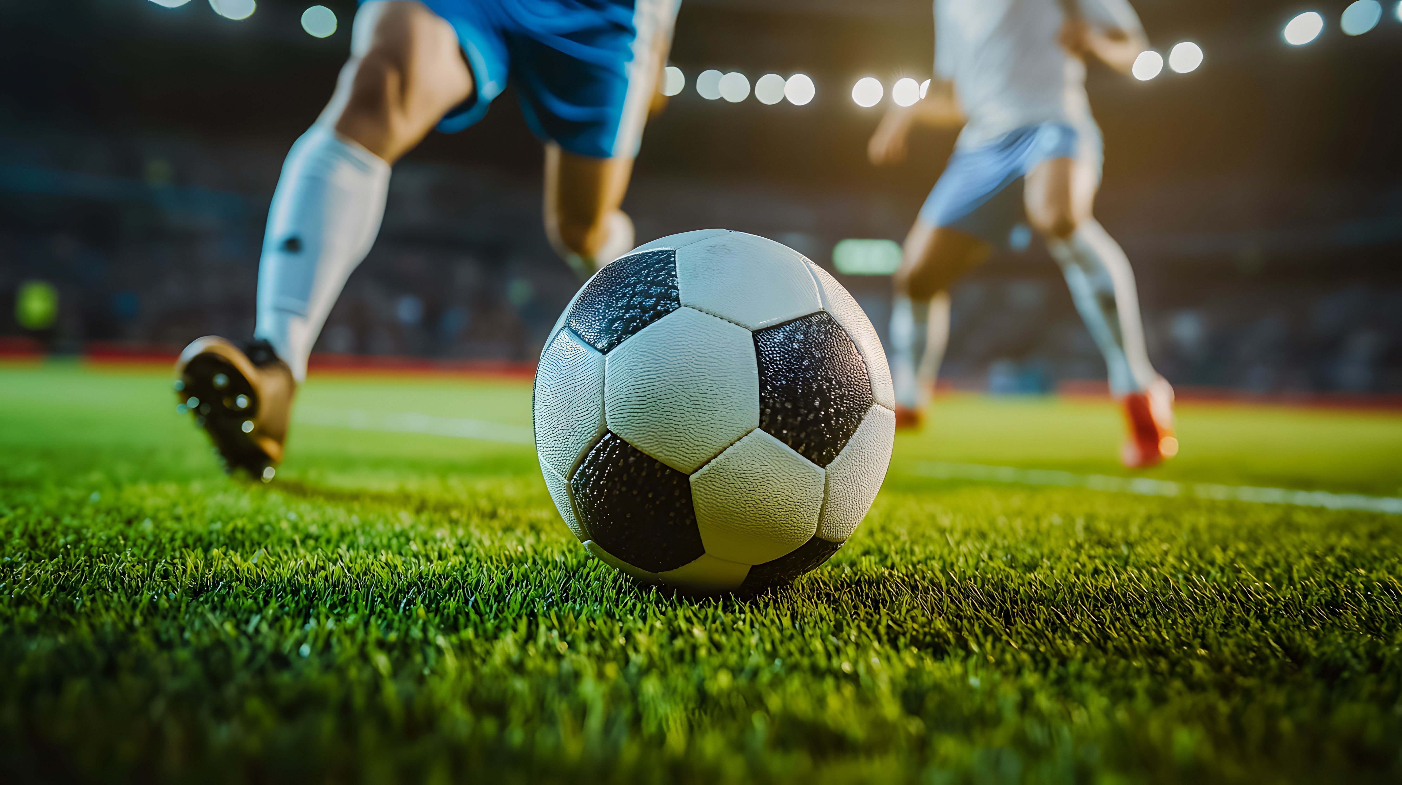 Two soccer players dribbling a ball during a match in a stadium.