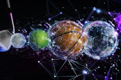 bolas de basquete, têni e futebol enoltas em conexões que representam tecnologia