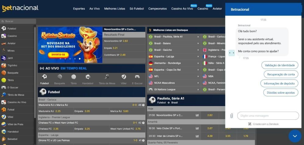 Página inicial do site de apostas esportivas da Betnacional.