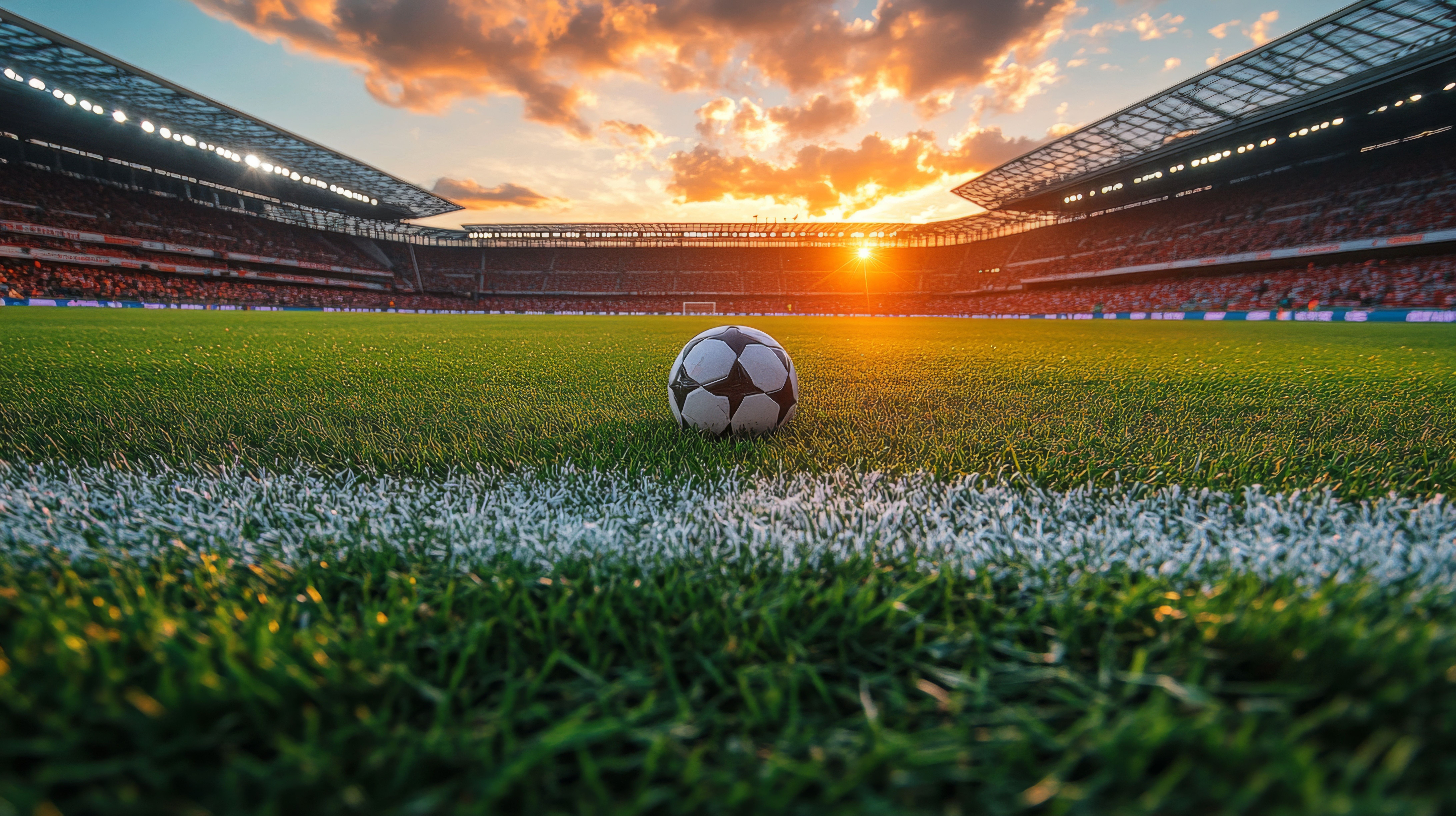 Soccer ball on the grass field at sunset inside a stadium filled with spectators in the evening light. Generative AI