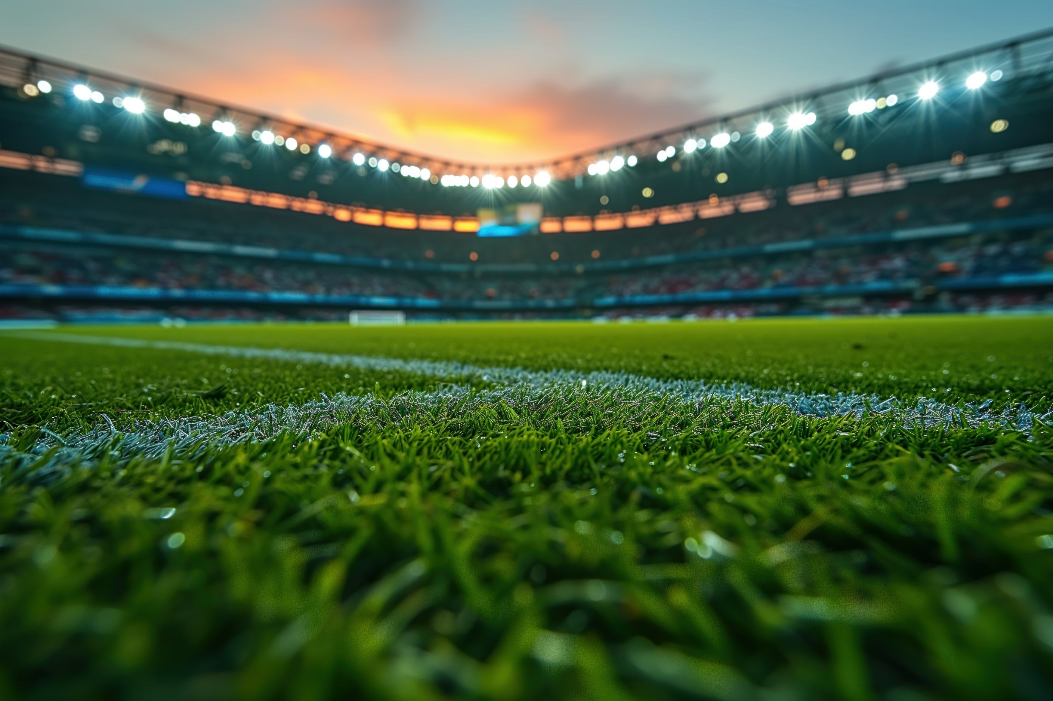 Macro Close-Up of Grass in a Football Stadium. Soccer Field Pitch CloseUp. Generative AI.