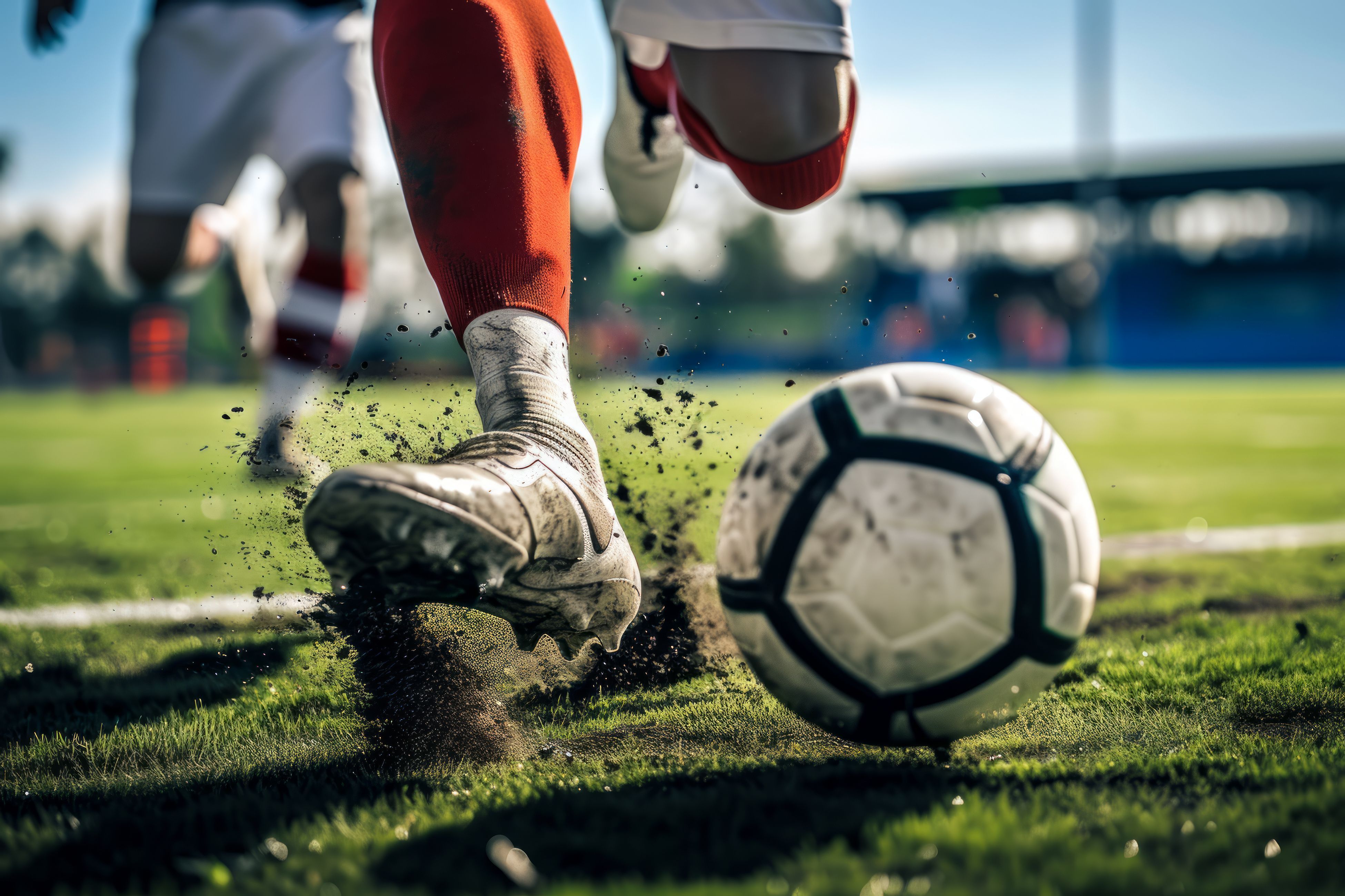 A soccer player dribbling and kicking a ball on a field
