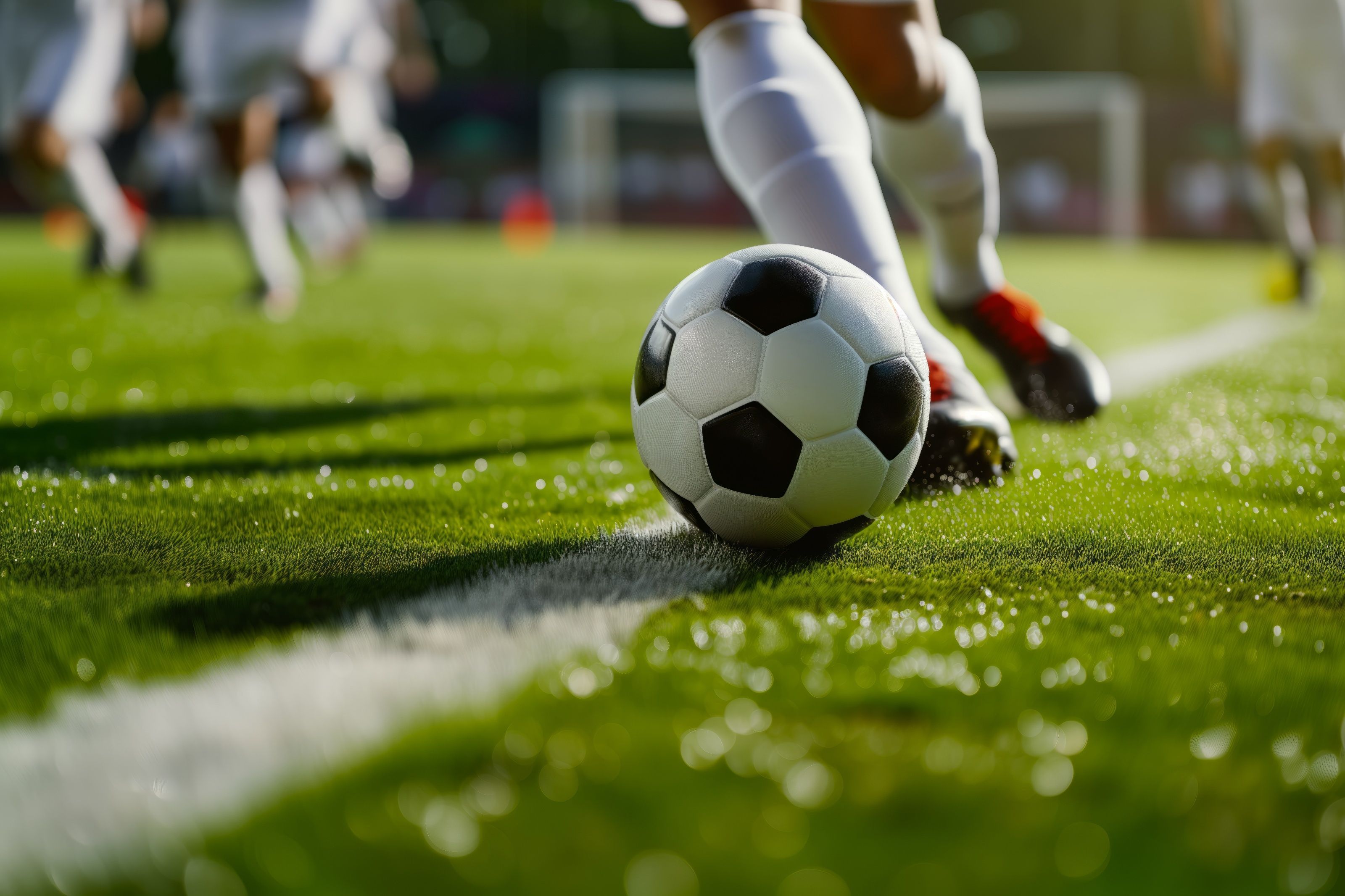 A soccer player dribbling and kicking a ball on a field
