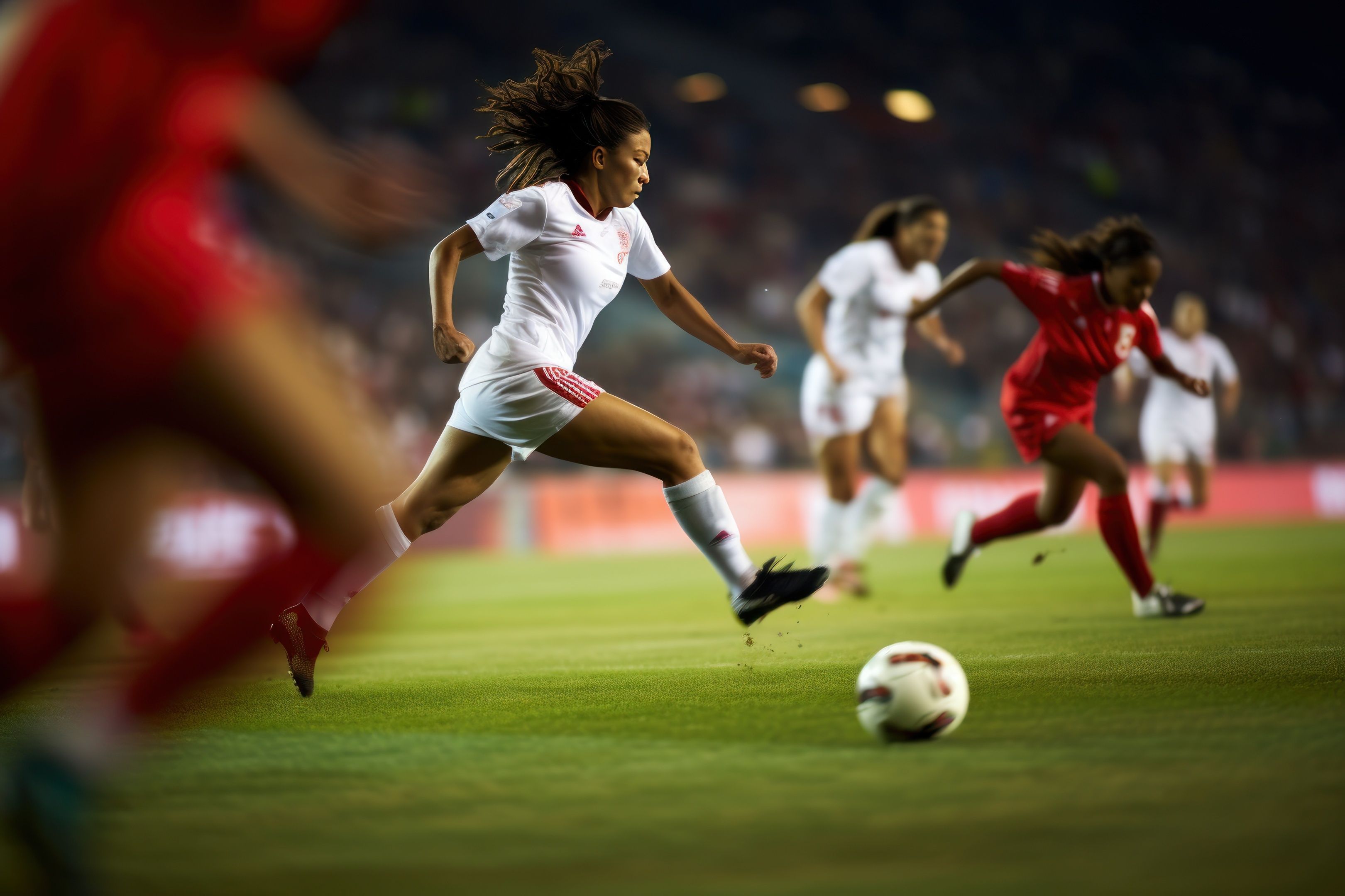 Woman soccer player wearing in uniform battle action in soccer stadium, Generative Ai content.