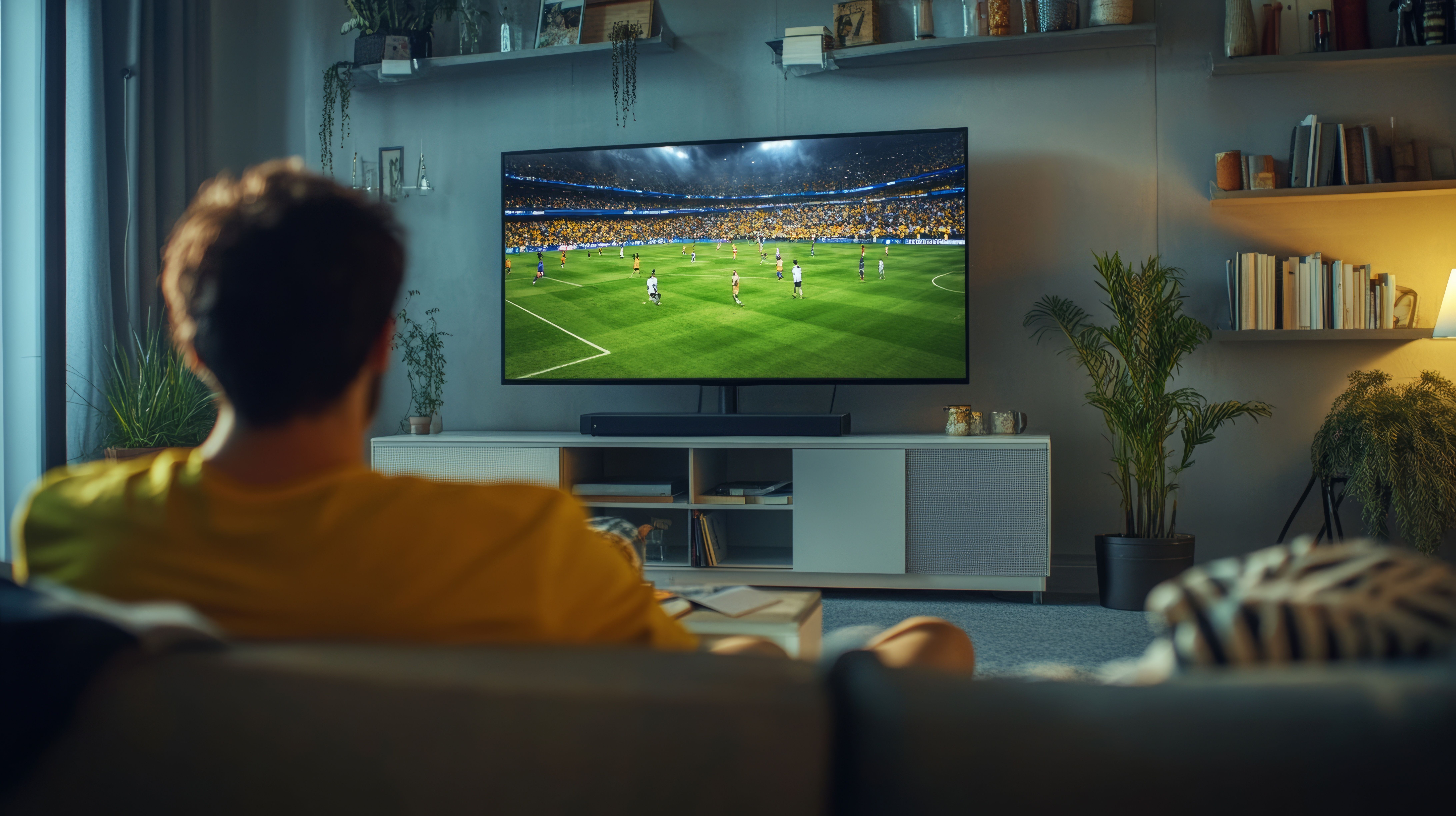 A World Cup final airing on a large TV in a stylish living room, with a chic modern apartment design enhancing the excitement of watching live sports at home