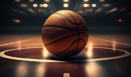 Basketball ball in front of big modern basketball arena. Generative ai.