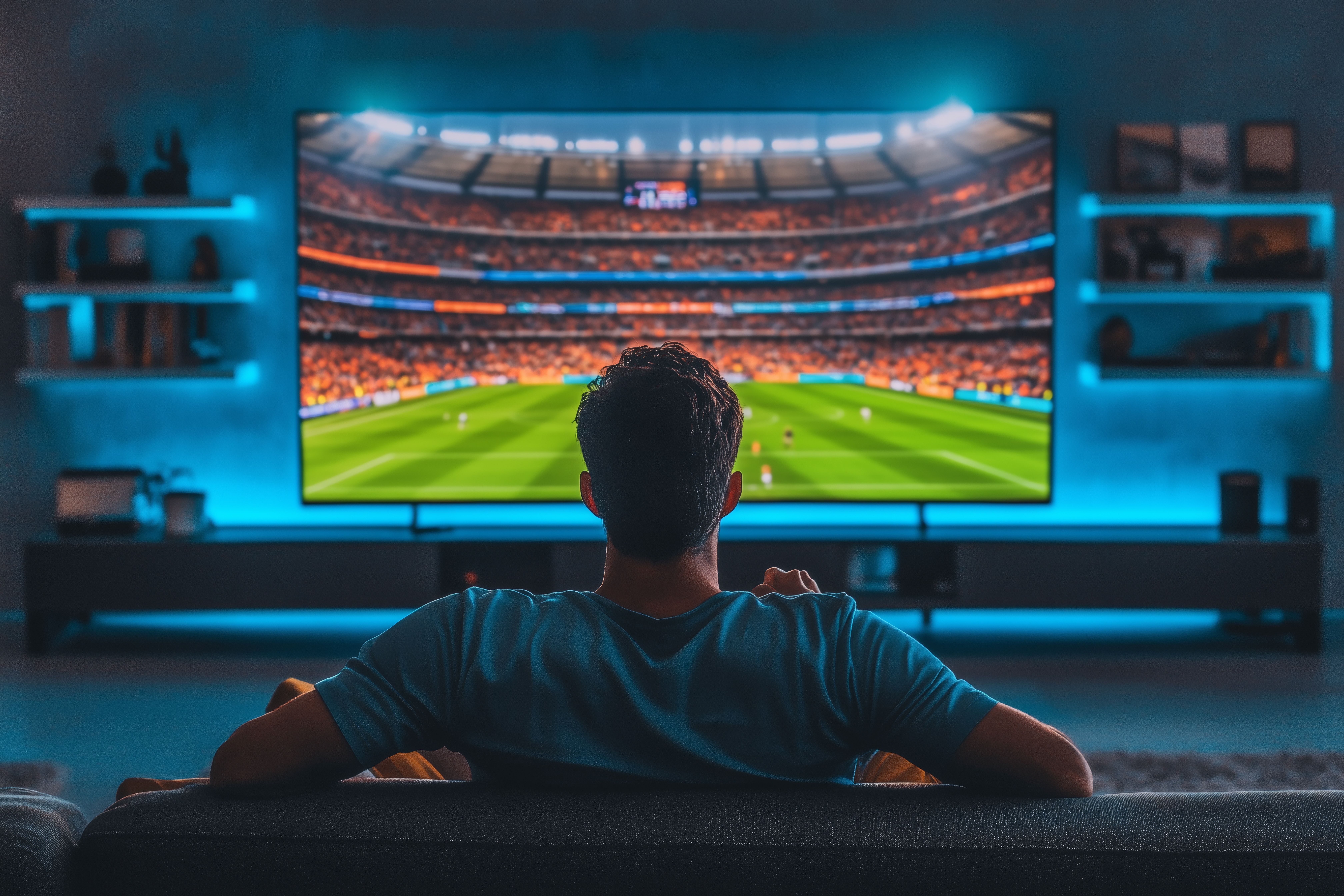 Back view of a young man relaxing on couch watching soccer game on big television screen at home