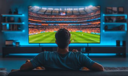 Back view of a young man relaxing on couch watching soccer game on big television screen at home
