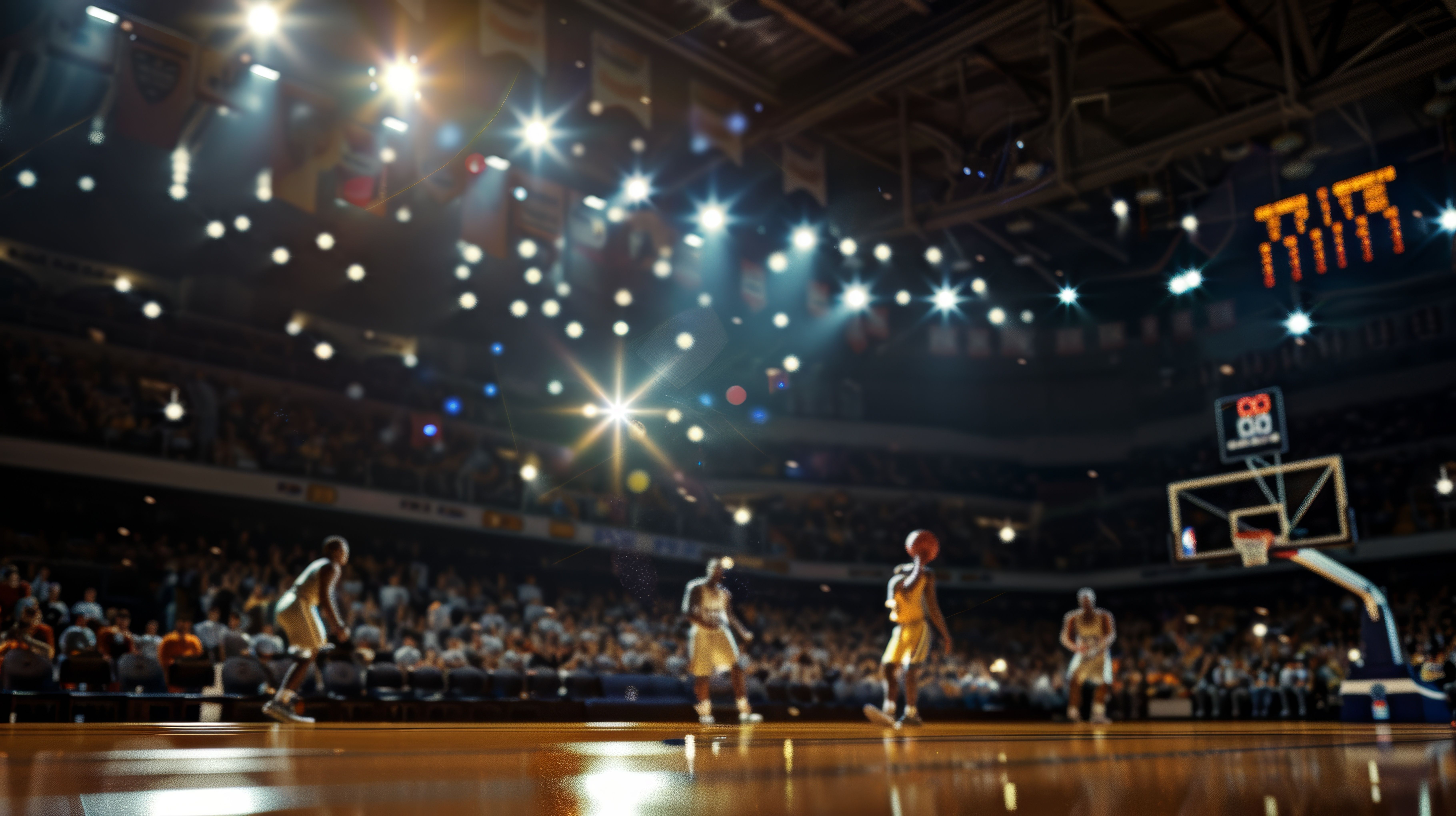 Exciting nba basketball game in action, players on court, bright lights, packed stadium atmosphere
