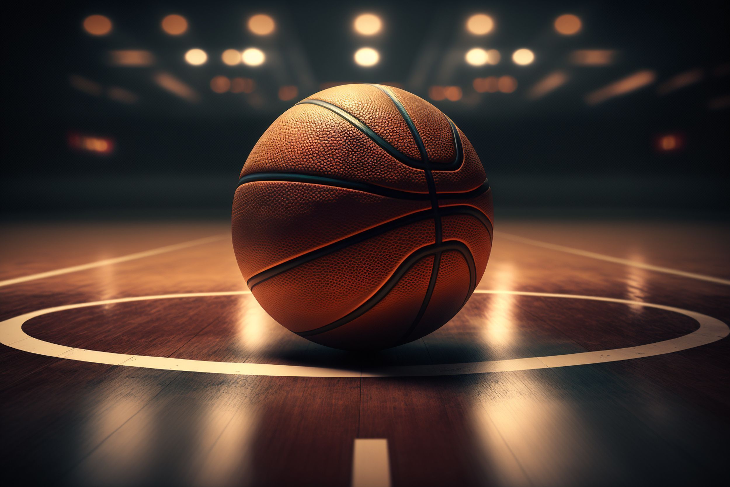 Basketball ball in front of big modern basketball arena. Generative ai.