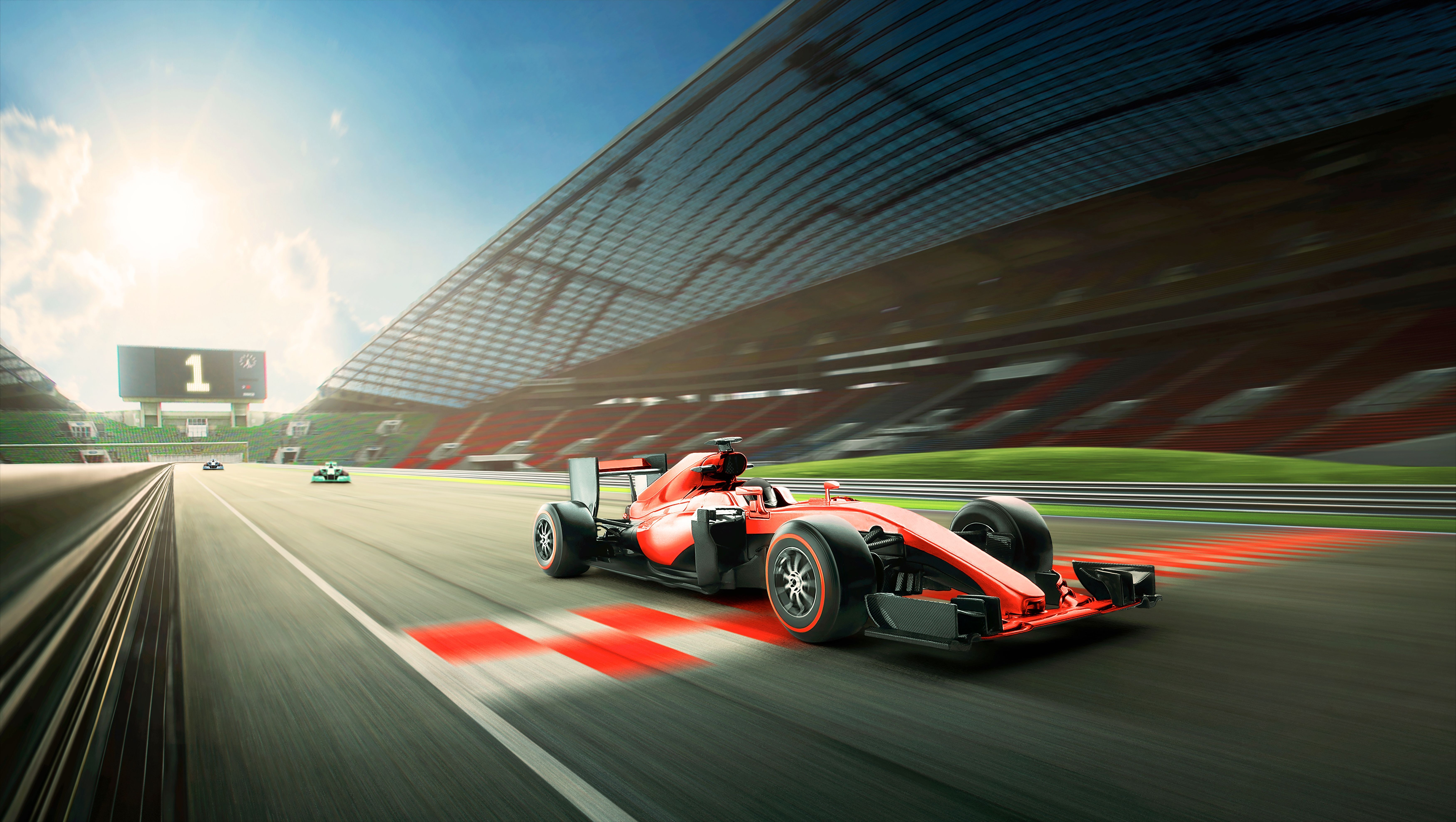 Race driver pass the finishing point and motion blur background