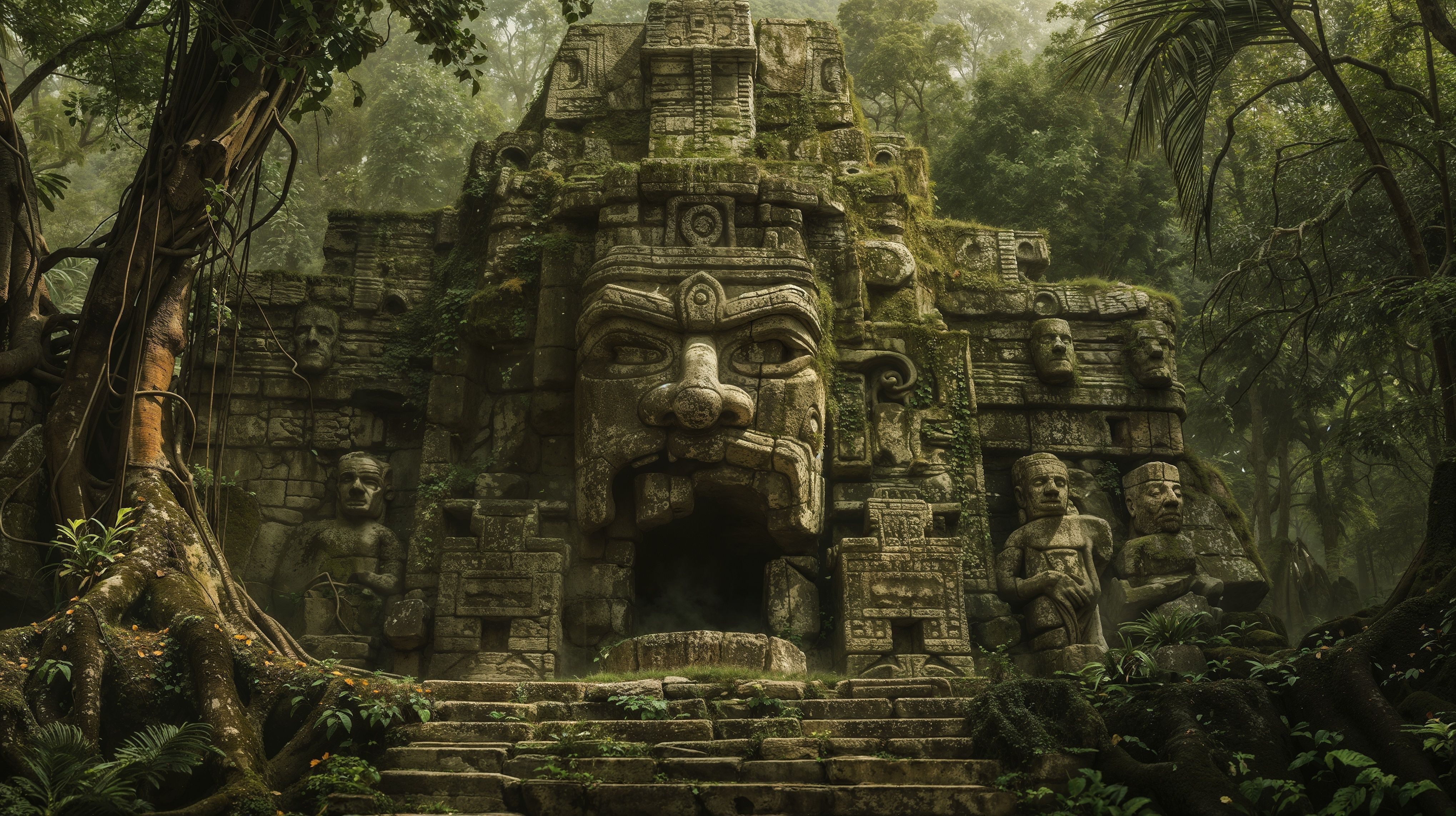 Ancient pre-Columbian indigenous temple lost in the jungle, from the Maya, Inca, or Aztec culture, with a deity carved in the rock and the mouth open as the entrance to the cave. Mysterious wallpaper