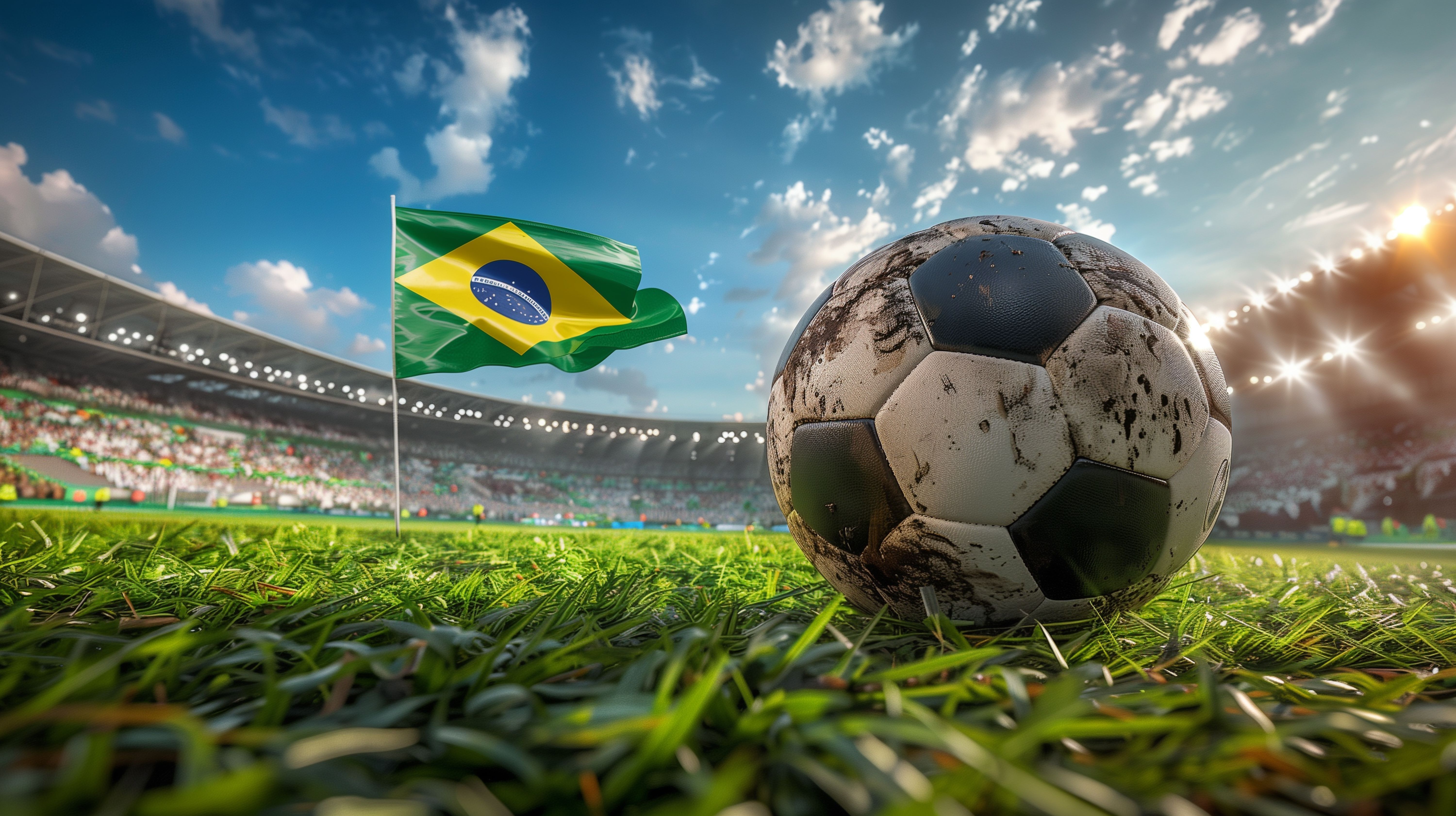 Soccer cup banner design with soccer ball and Brazil national flag at sports stadium