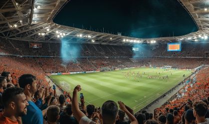 A thrilling night scene at a football stadium filled with fans cheering under bright lights and a dynamic atmosphere.