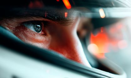 Formula 1 driver in a white suit and helmet in his car on the track