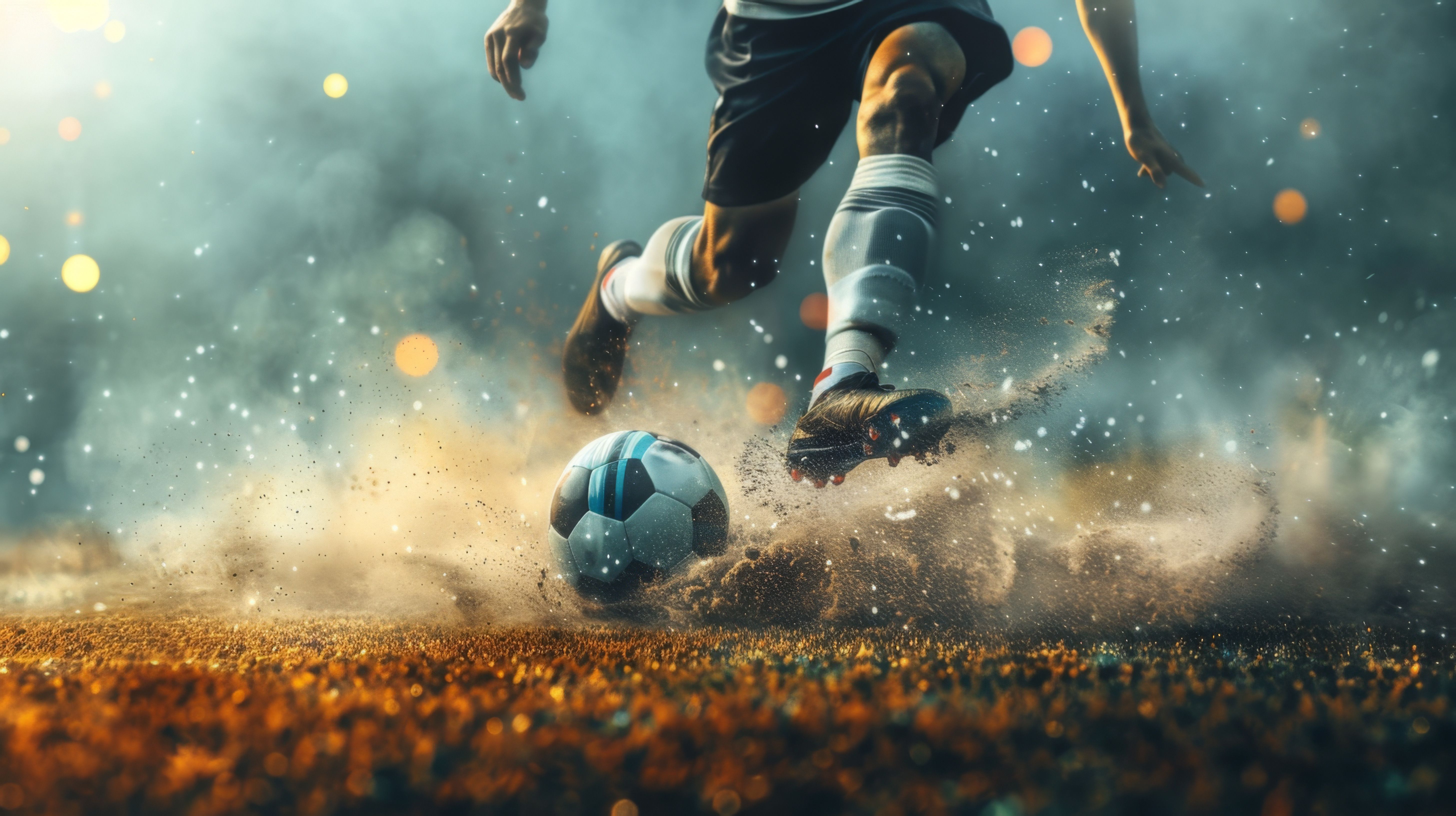 Soccer player in action on the stadium, kicking the ball for a goal, with motion blur and dust particles around. A concept of sport competition.